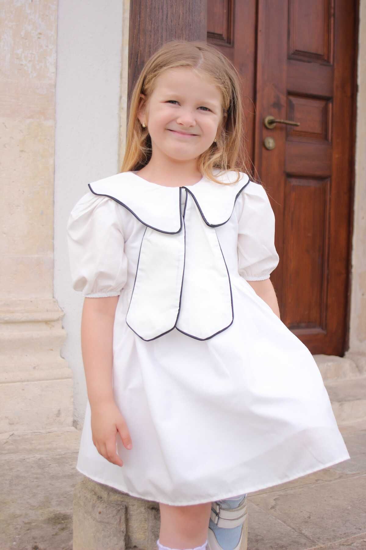 Little Honey Bunnies Beyaz Bahriye Yaka Detaylı Fiyonk Kız Çocuk Elbise