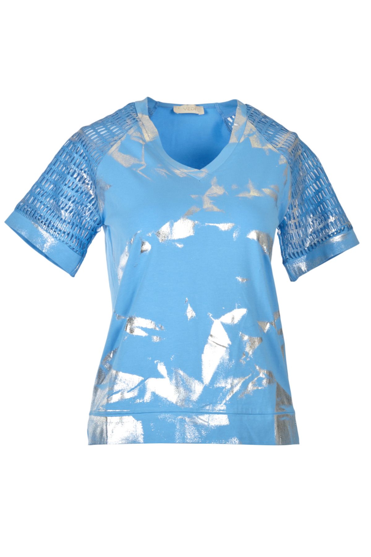 Vedi V Yaka Parlak Kısa Kollu Mavi Kadın T-shirt 2243111