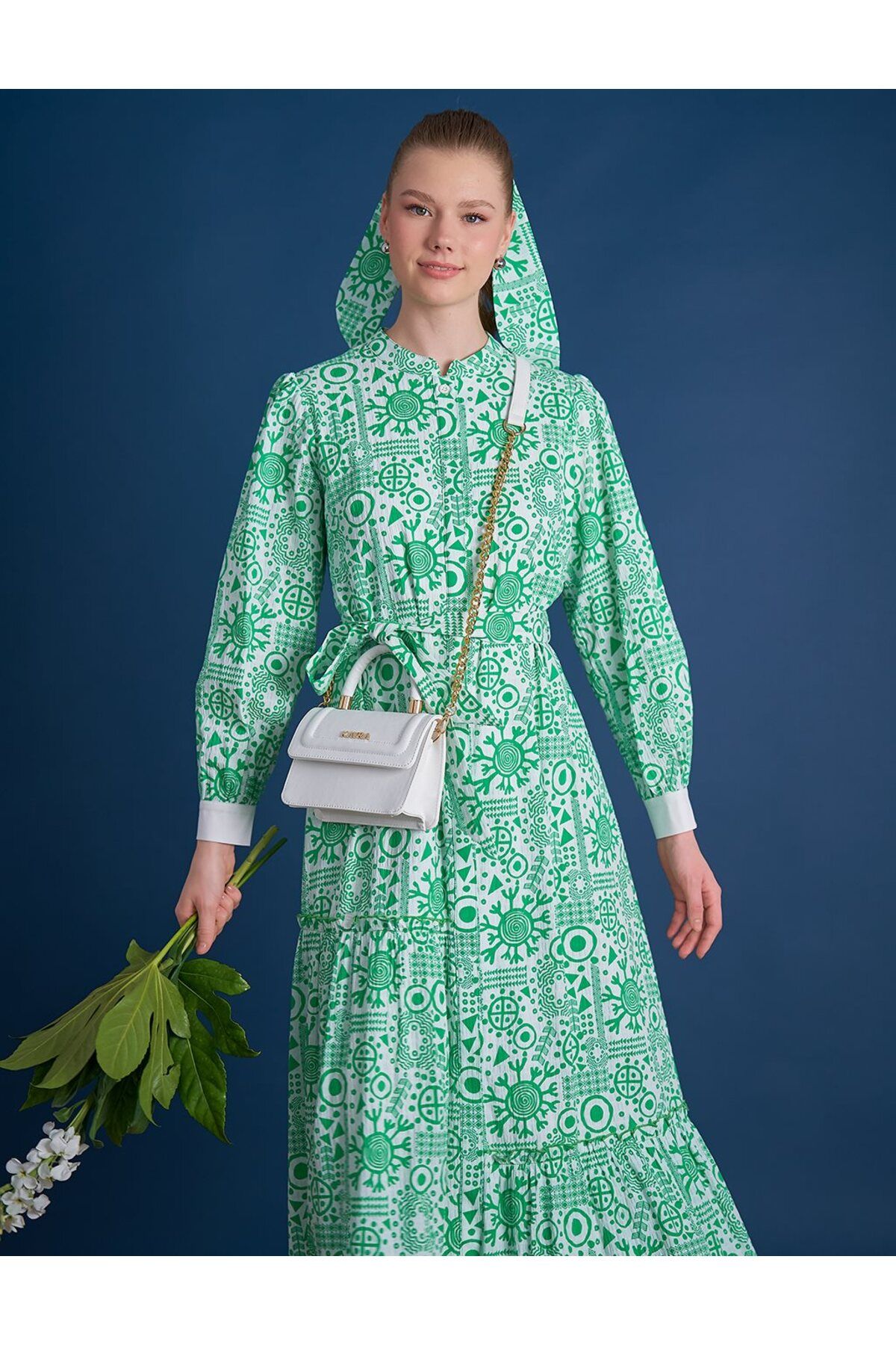 Kayra Katlı Desenli Elbise Yonca Yeşili