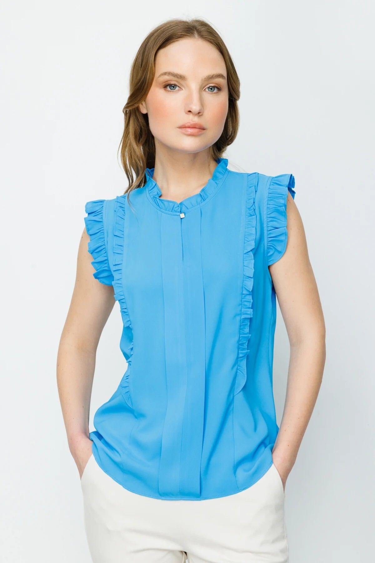 Ekol Yuvarlak Yaka Fırfırlı Kolsuz Mavi Kadın Bluz 24ekl01008