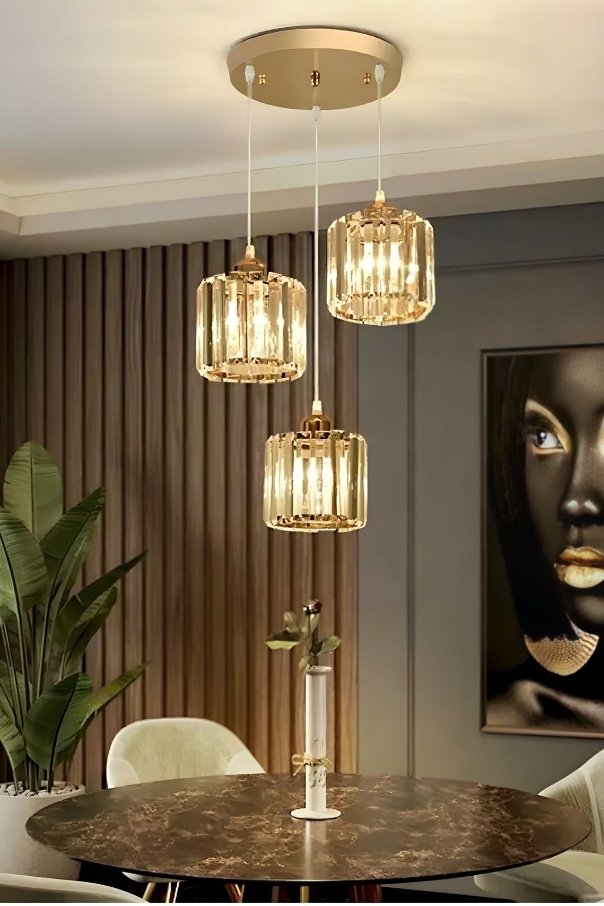 Luna Lighting Soliva Gold Renk Kristal Taşlı Dekoratif Modern Estetik Salon Mutfak Hol Oda Antre Üçlü Sarkıt Avize