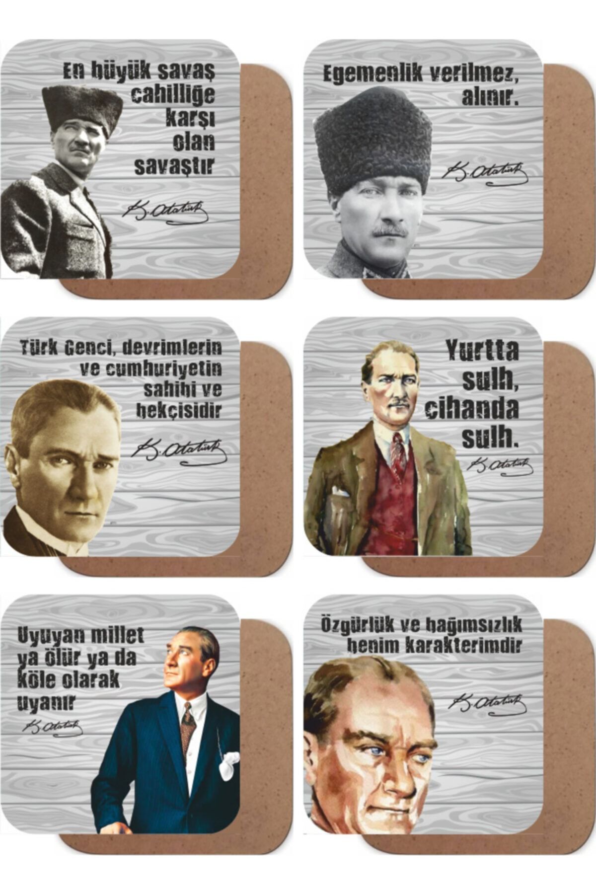 Hayat Poster Mustafa Kemal Atatürk Ahşap Bardak Altlığı Seti 6'lı
