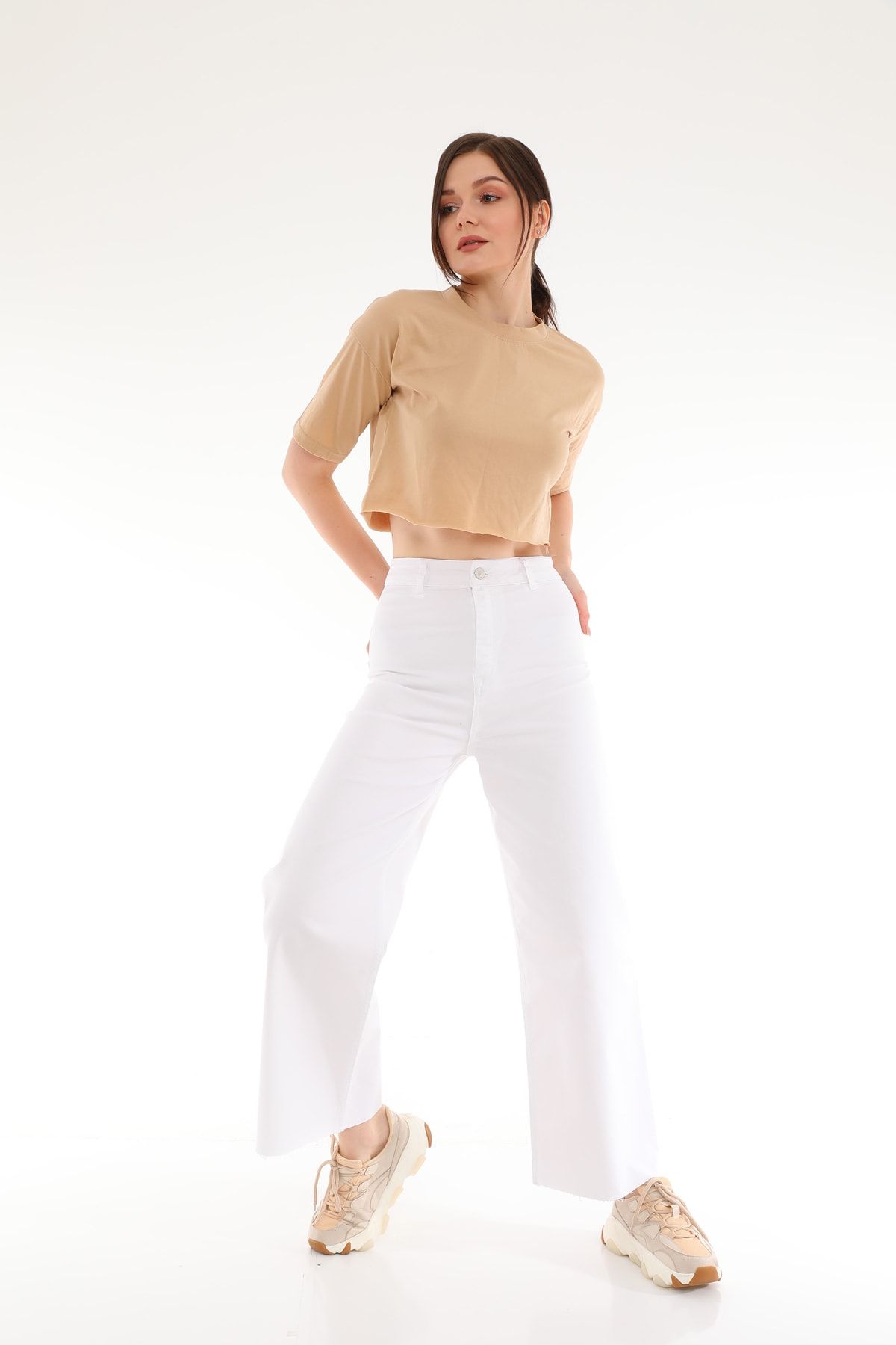 Darkly Jeans Kadın  Süper Yüksek Bel Beyaz Dikişsiz Culotte Fit Pantolon