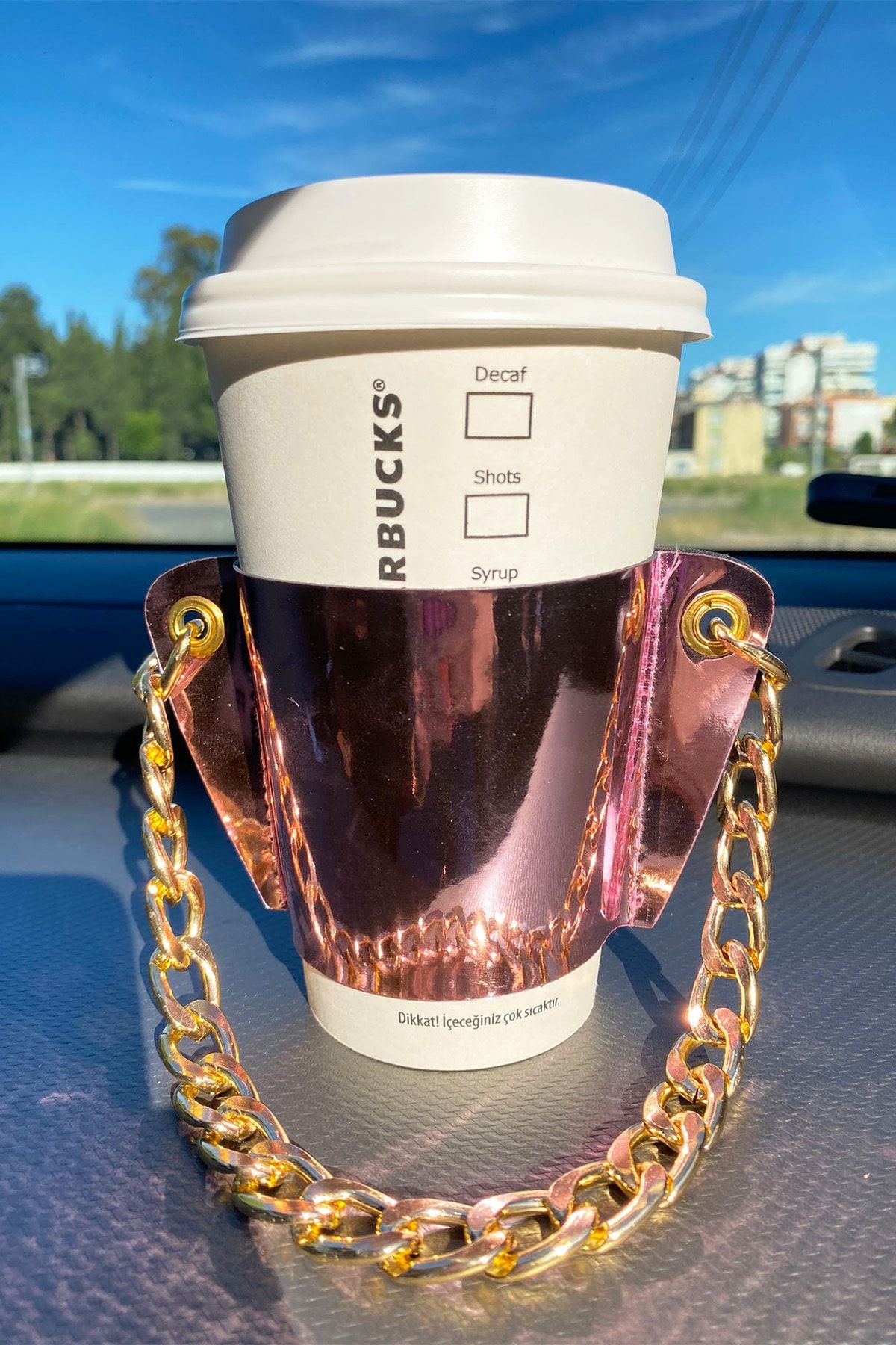 BAHELS Kadın Rose Zincirli Coffee Cup Sleeve Deri Bardak Tutacağı