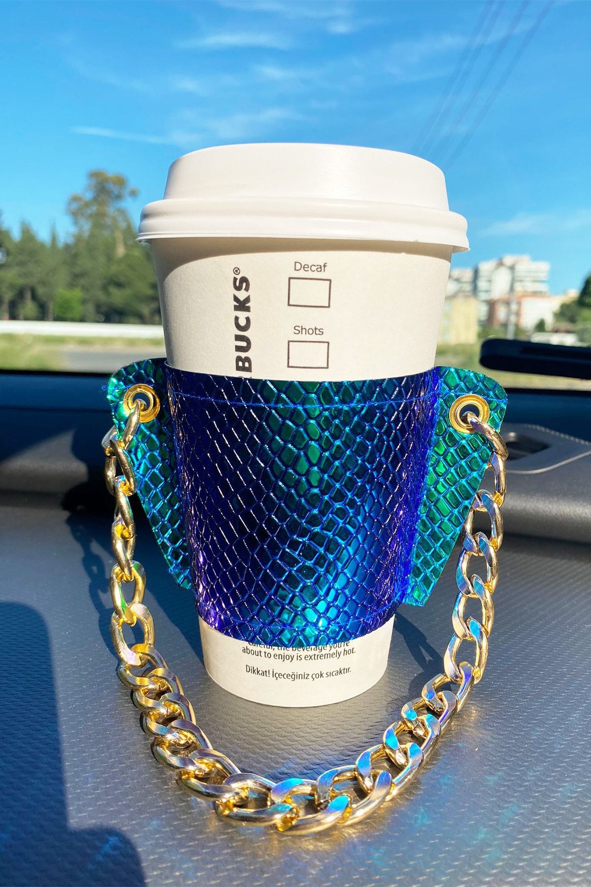 BAHELS Kadın Hologram Zincirli Coffee Cup Sleeve Deri Bardak Tutacağı