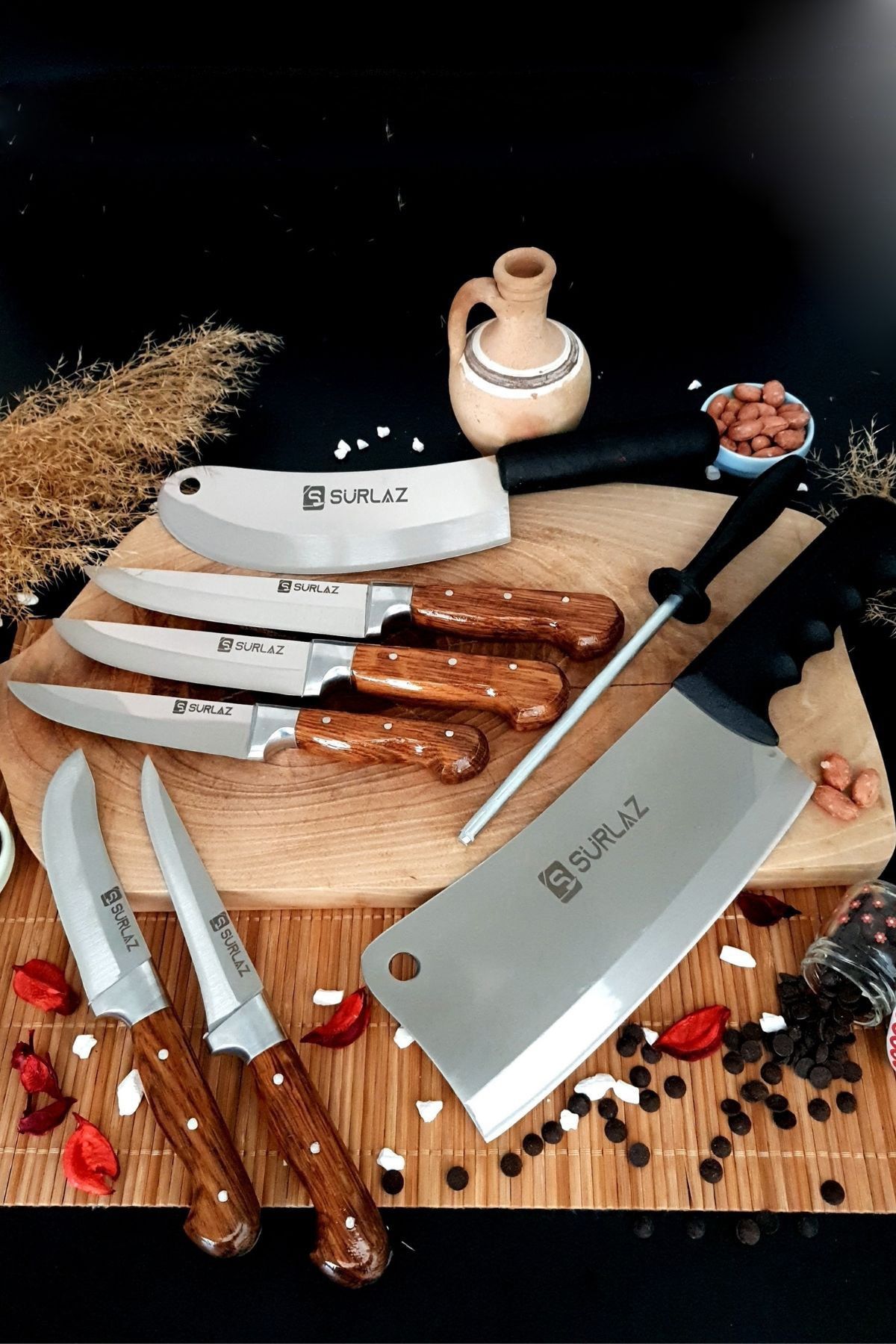 SürLaz Orijinal El Yapımı Sürmene Mutfak Bıçak Satır Zırh Seti 8'li Masatlı