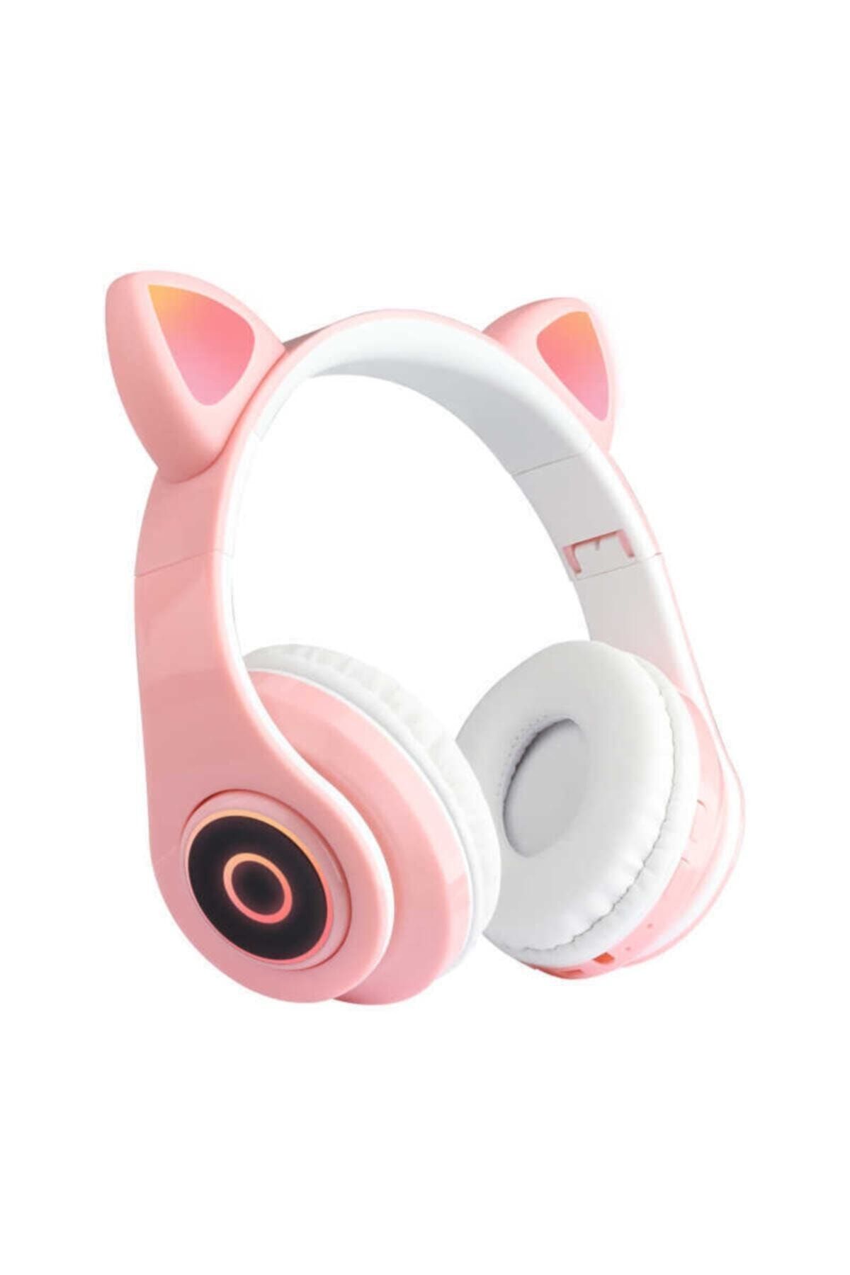 BLUPPLE B39 Kedili Katlanabilir Kulak Üstü Kablosuz Bluetooth 5.0 Kulaklık Ledli Kız Kadın Pembe