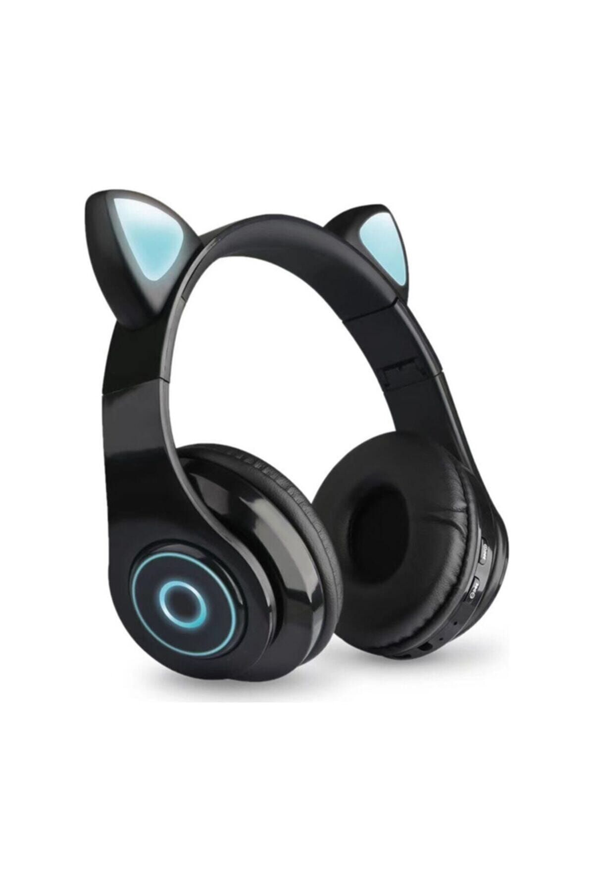 BLUPPLE B-39 Kablosuz Bluetooth 5.0 Wireless Led Işıklı Kedili Kulaküstü Kulaklık Çocuk Siyah Kız