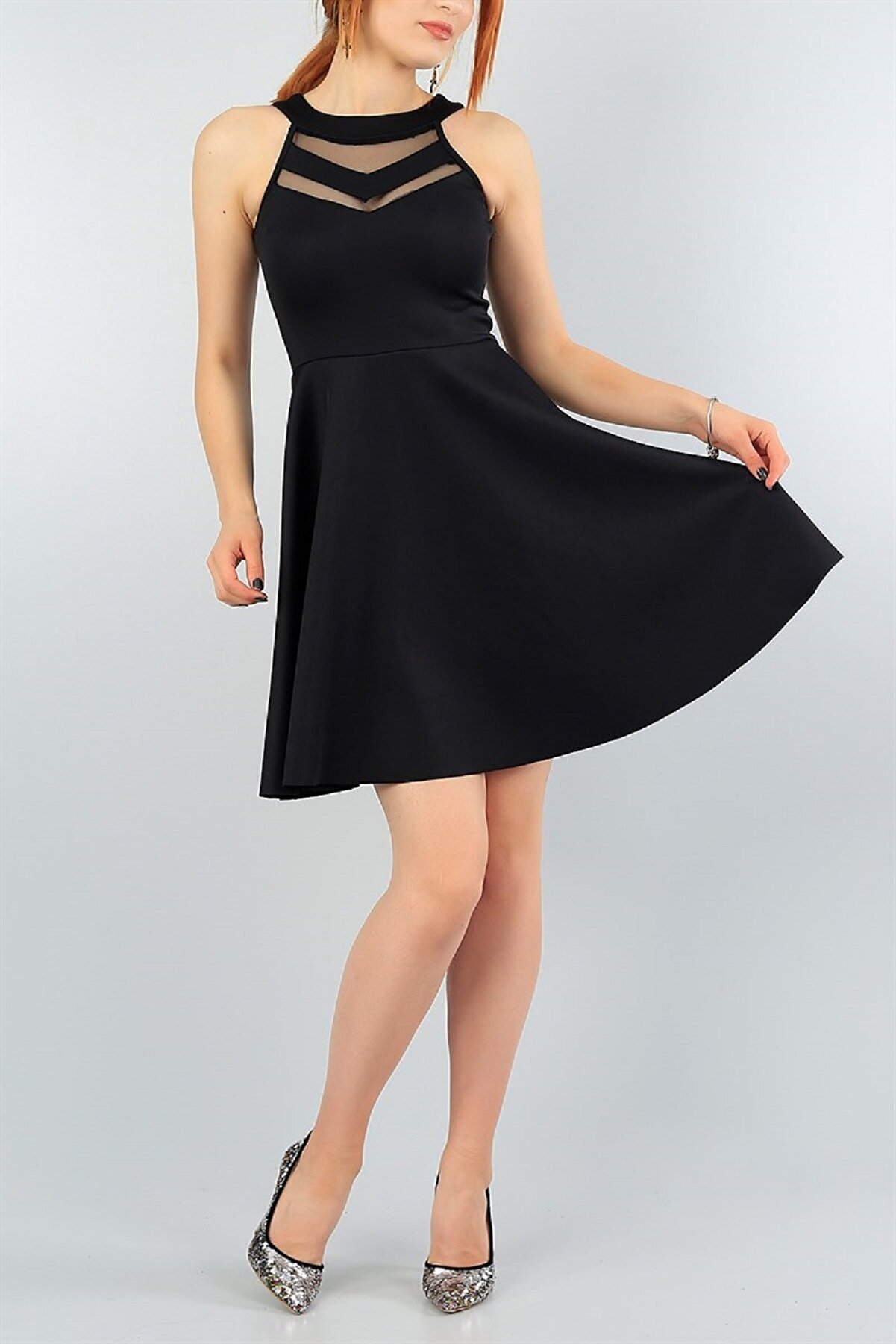 lovebox Esnek Kumaş Transparan Detay Siyah Abiye Elbise Kına Nişan Mezuniyet Elbisesi 2222