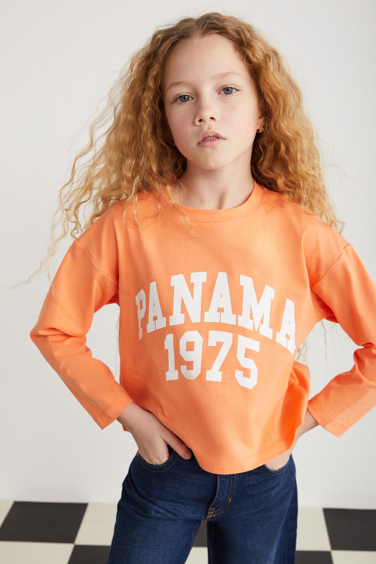 GRIMELANGE Cherly-grm24020-100% Pamuk Baskılı Kız Çocuk Uzun Kollu Tshirt Turuncu T-shirt