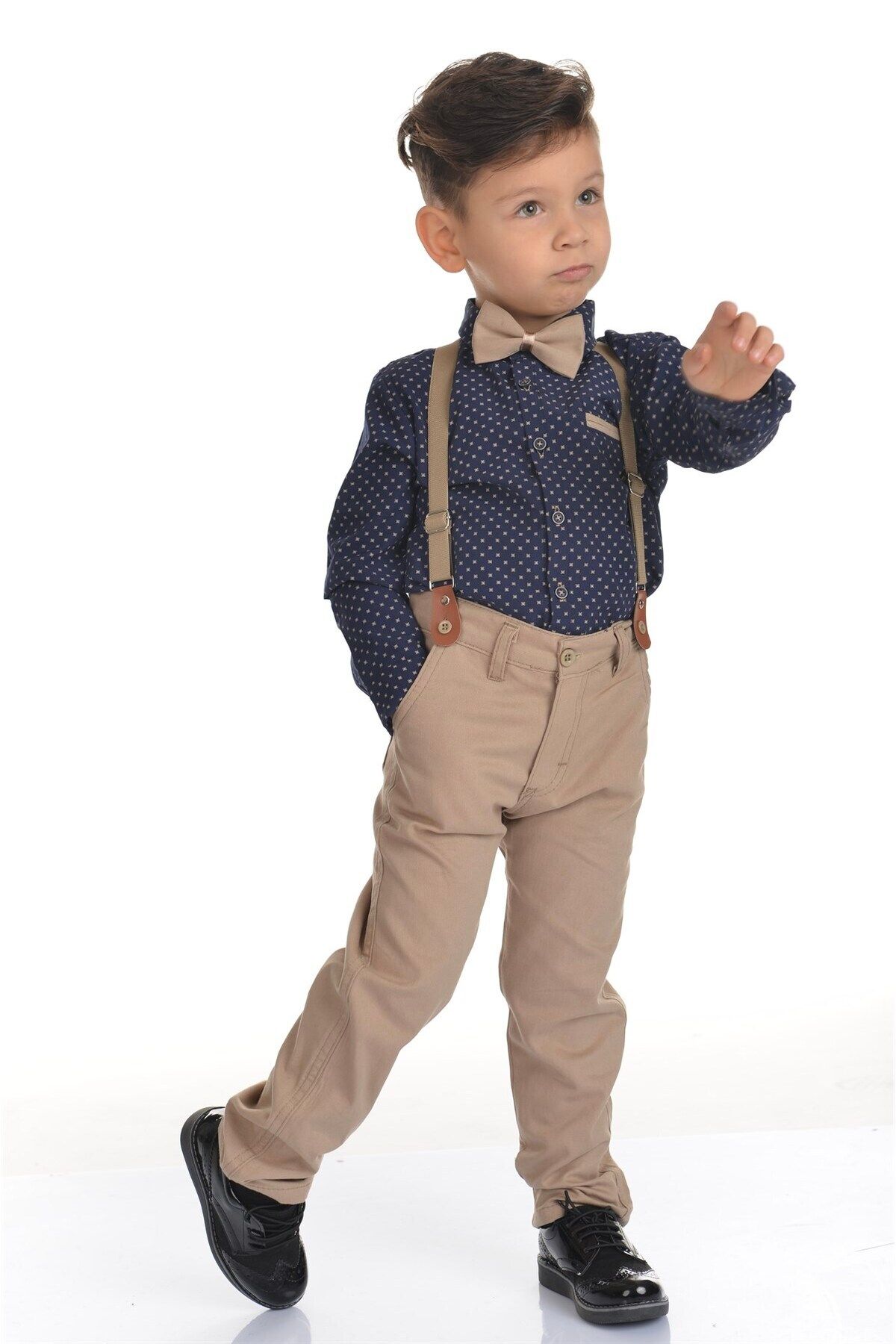 Buse&Eylül Bebe Krem Papyonlu Pantolon Askılı Erkek Çocuk Takımı