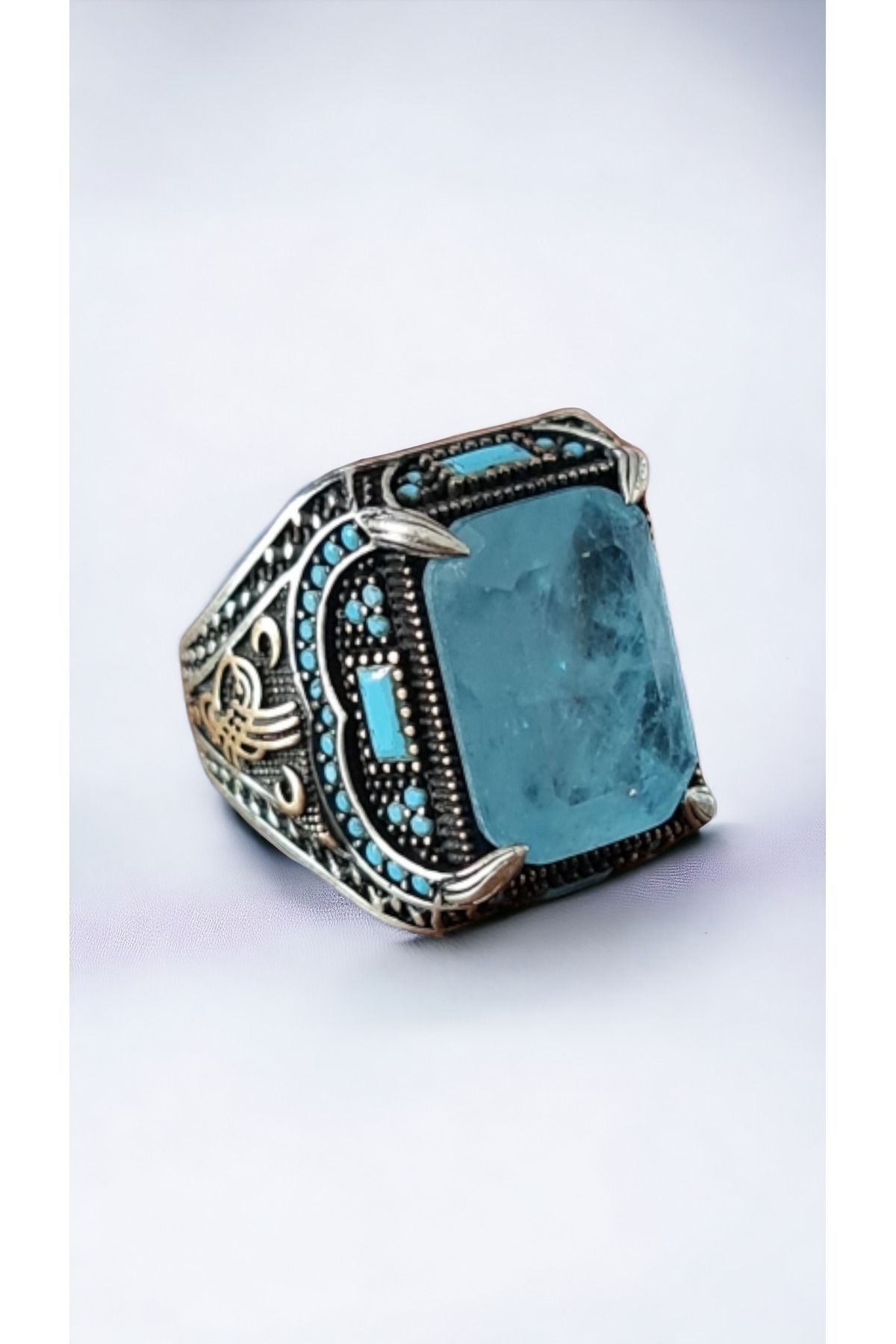 La'Vanti Designs Paraibu Doğal Taşlı Erzurum Kalem İşçilikli 925 Ayar Gümüş Erkek Yüzük Para Şans Kısmet Yüzüğü