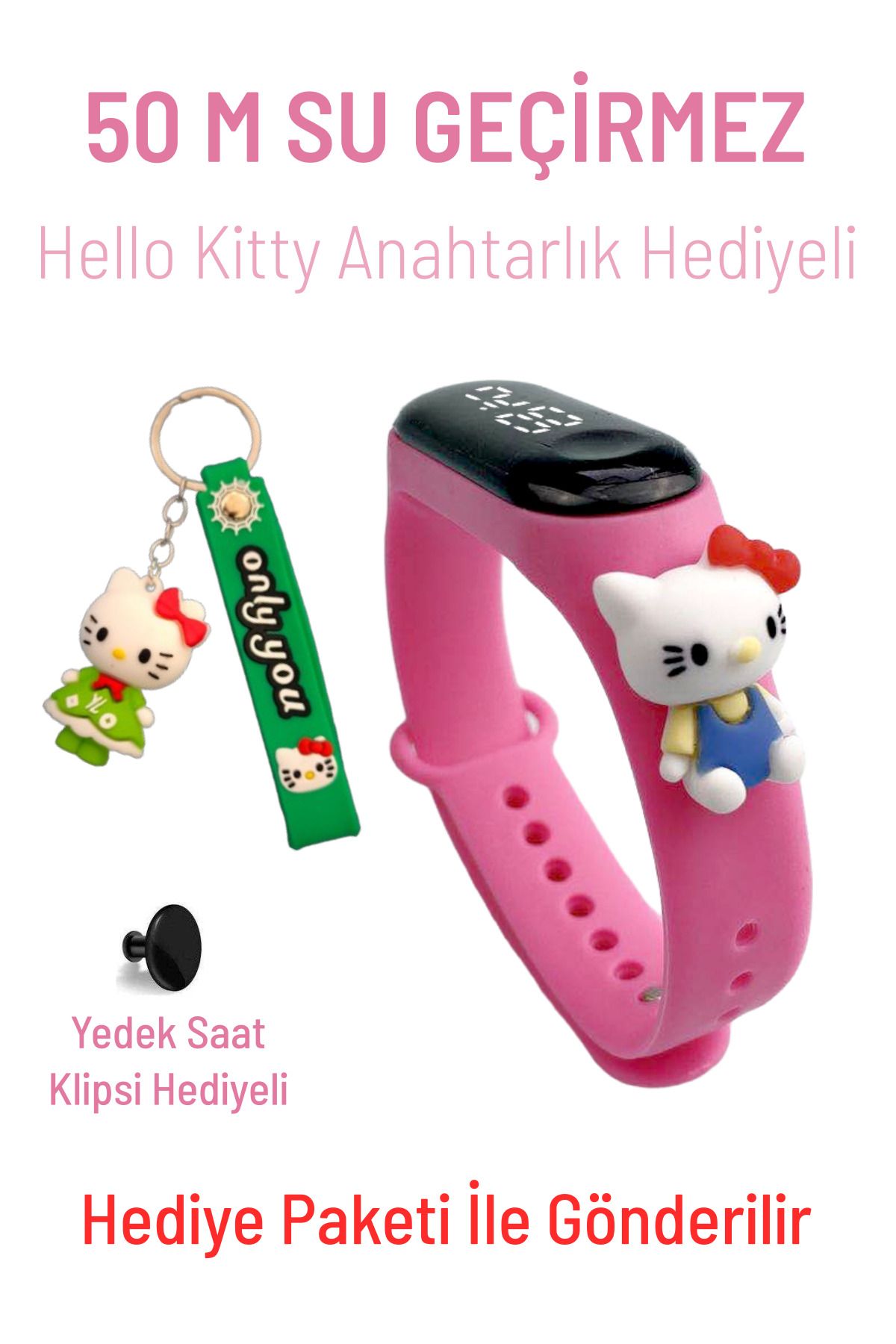 Q-TİME Hello Kitty Figürlü Led Dokunmatik Ekranlı Su Geçirmez Dijital Çocuk Kol Saati Anahtarlık Hediyeli