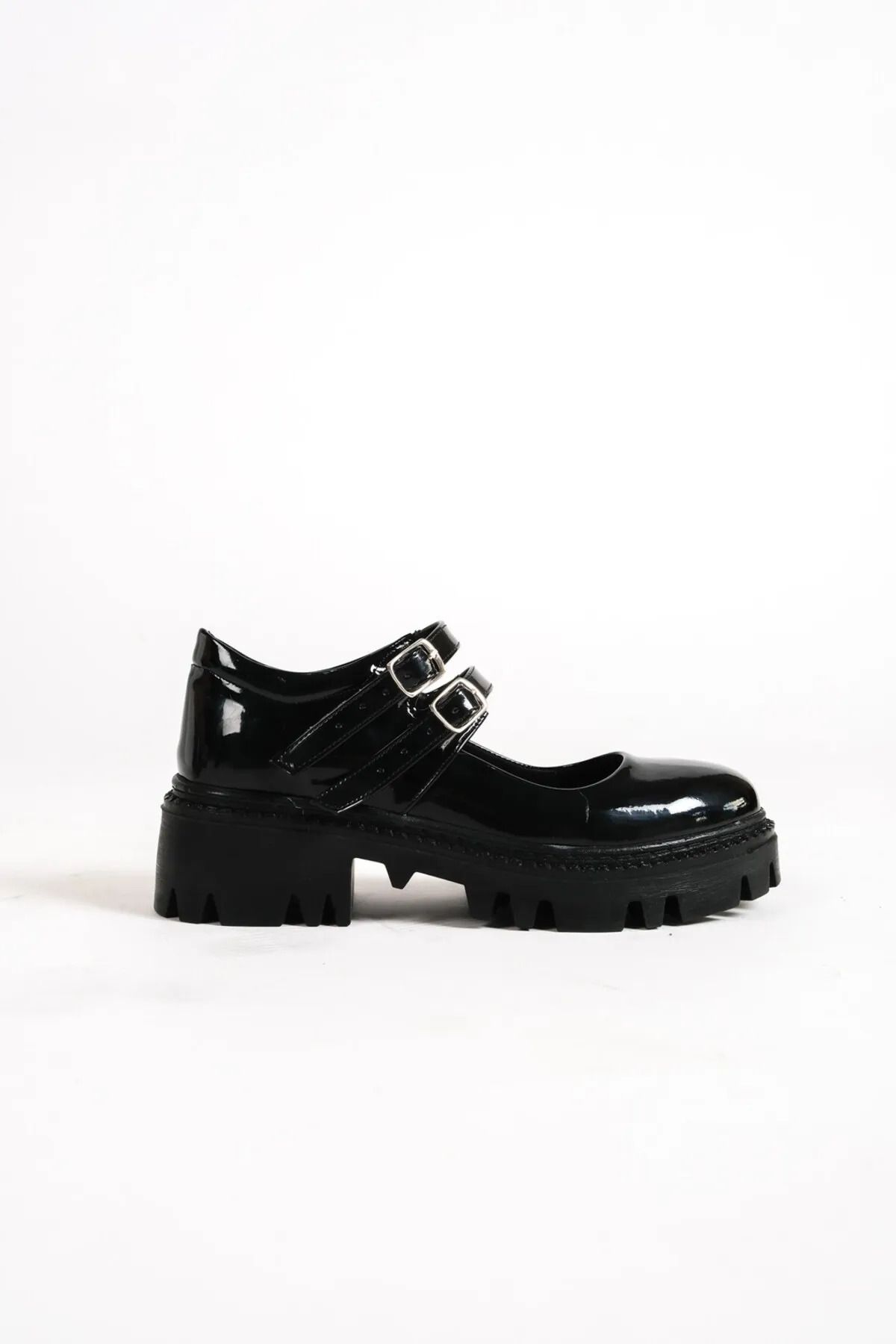 ayakkabıhavuzu Kadın Siyah Rugan Kalın Taban Çift Baretli Ayakkabı