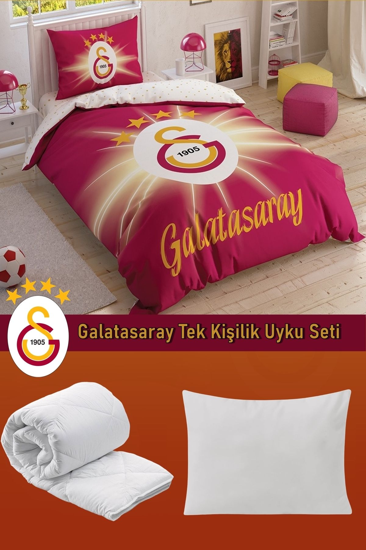 Taç Galatasaray Lisanslı 5 Parça Uyku Seti Yastık Hediyeli - Galatasaray Tek Kişilik Uyku Seti