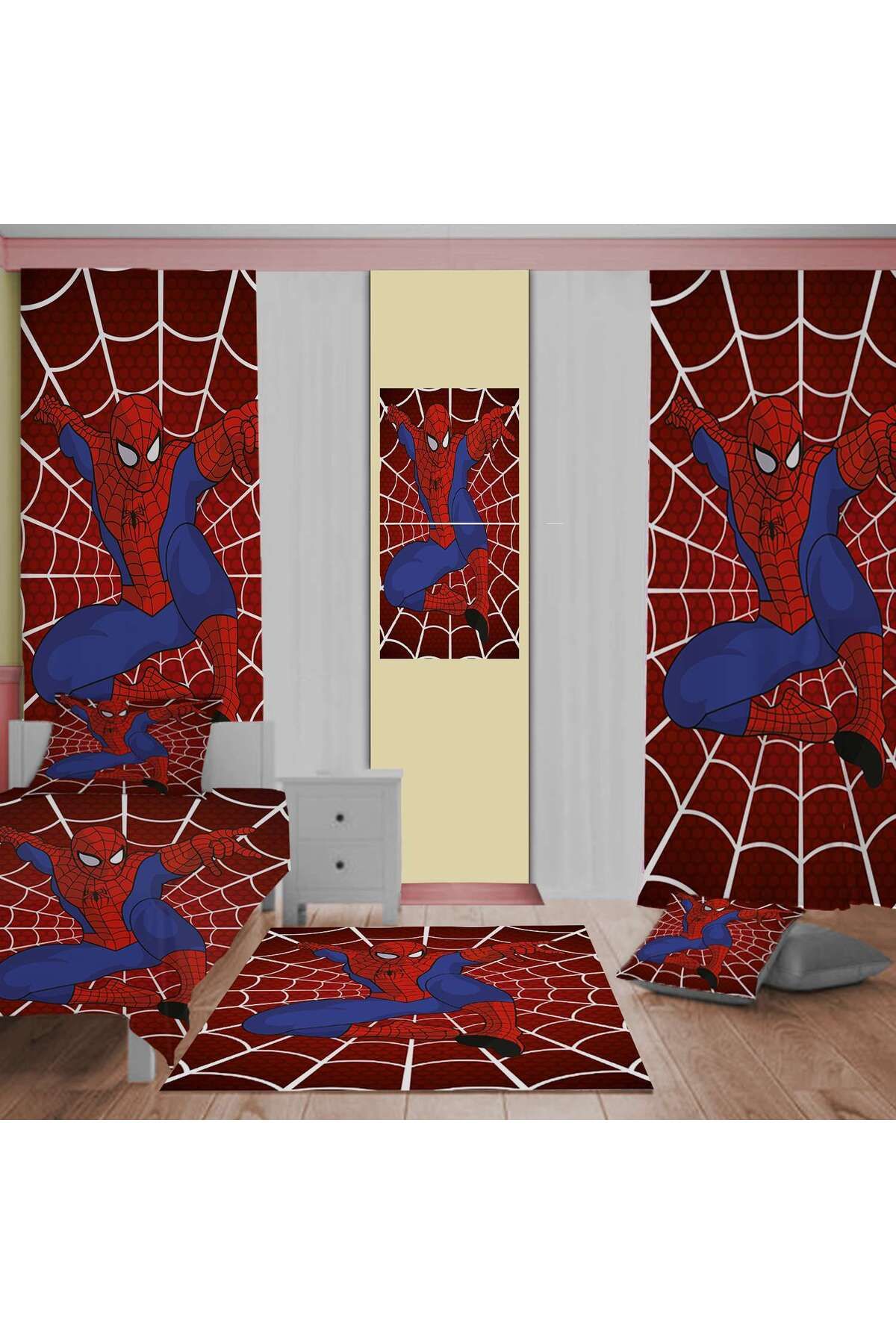 Evan Home Spiderman  Desenli Çocuk Odası Takım Perde (iki Kanat),Yatak Örtüsü,Yastık,Kırlent ,Halı,Tablo