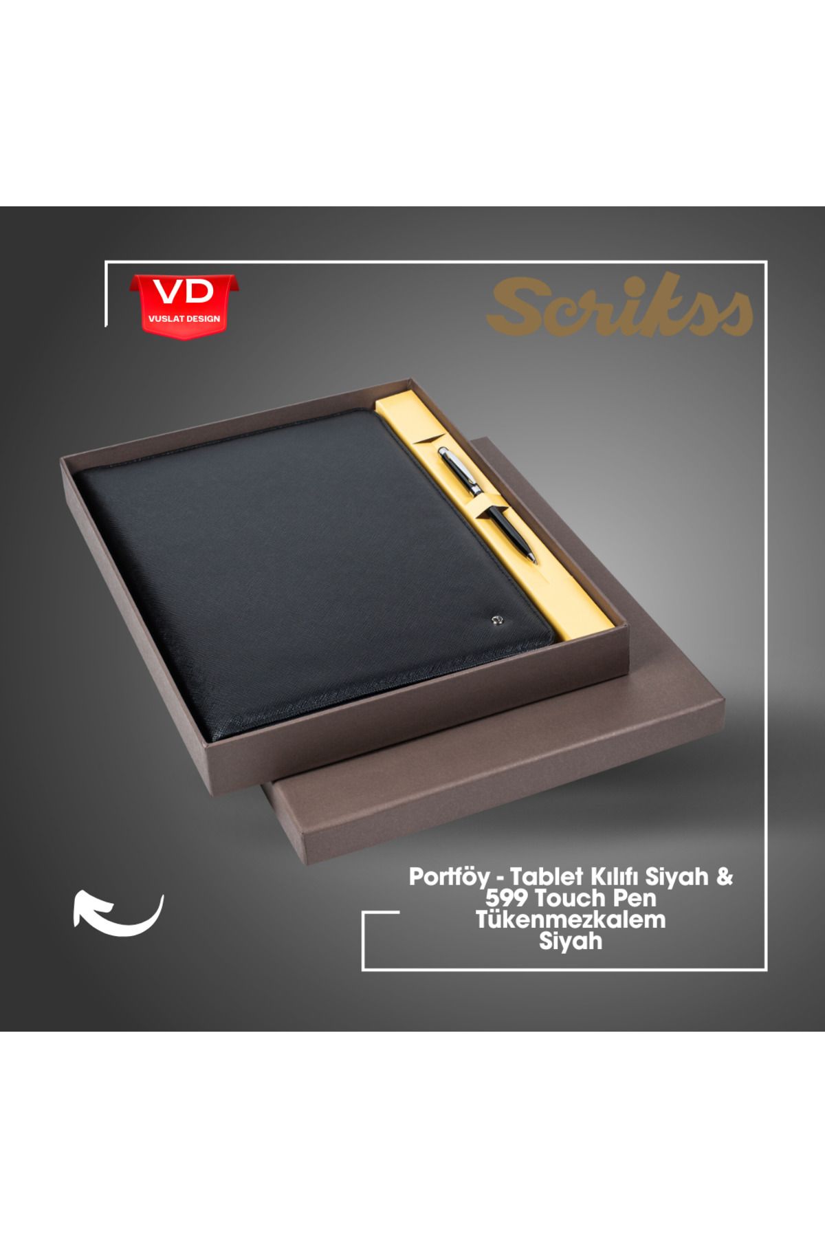 Scrikss Portföy Premium - Tablet Kılıfı Siyah & 599 Touch Pen Tükenmez Kalem Siyah