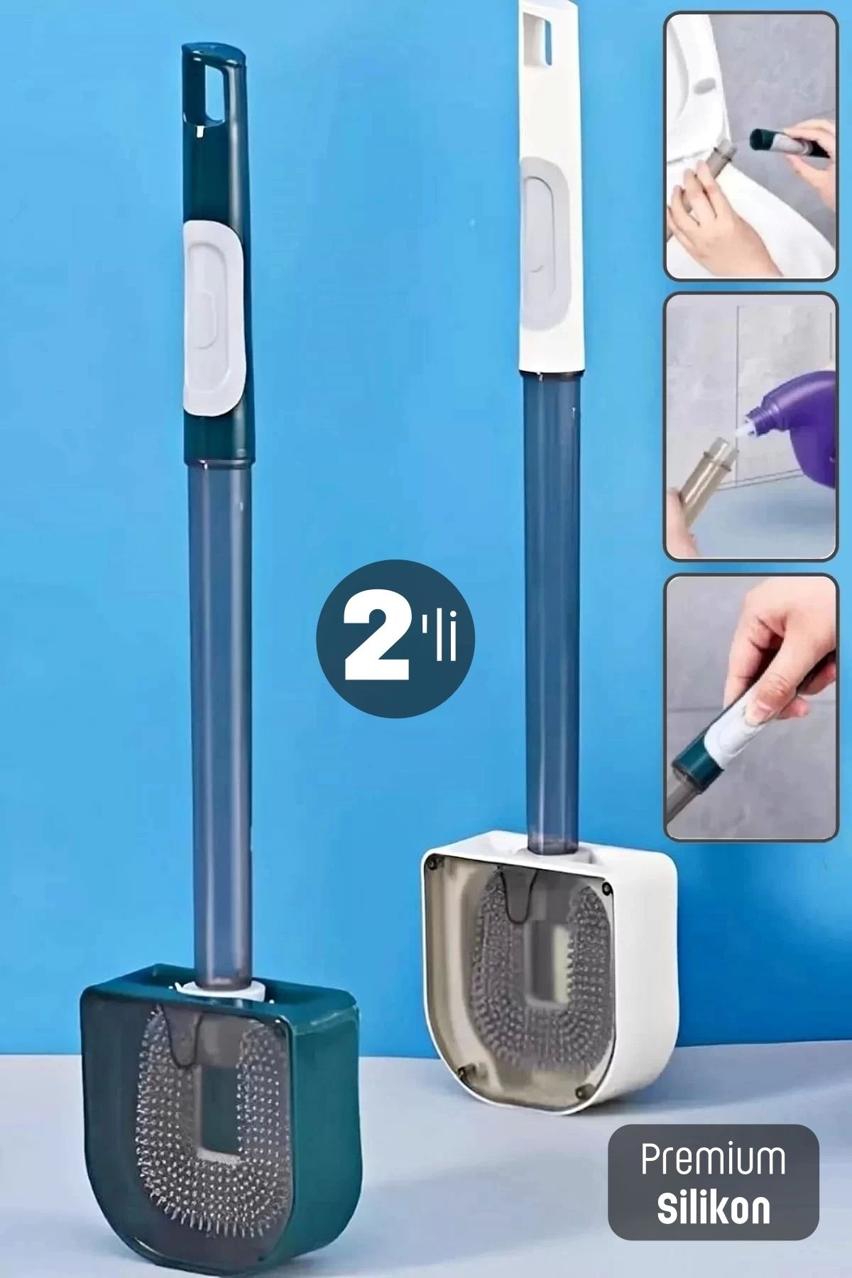 Tilbe Home 2'li Klozet Fırçası Hazneli Premium Silikon Esnek Duvara Monte Wc Tuvalet Temizlik Fırçası Seti