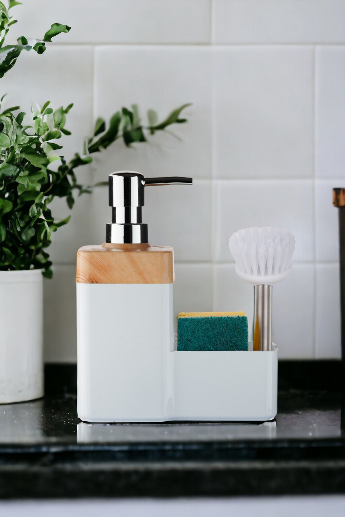 okacih Bambu Kapaklı Hazneli Sıvı Sabunluk Tezgah Üstü Mutfak Banyo Deterjanlık Fırça Sünger Dahil Değildir
