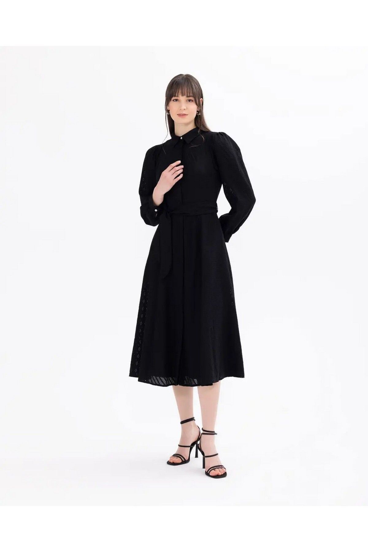 SEÇİL Seçil Gömlek Yaka Bağlama Detaylı Uzun Kollu Siyah Kadın Astarlı Elbise 10242104001028