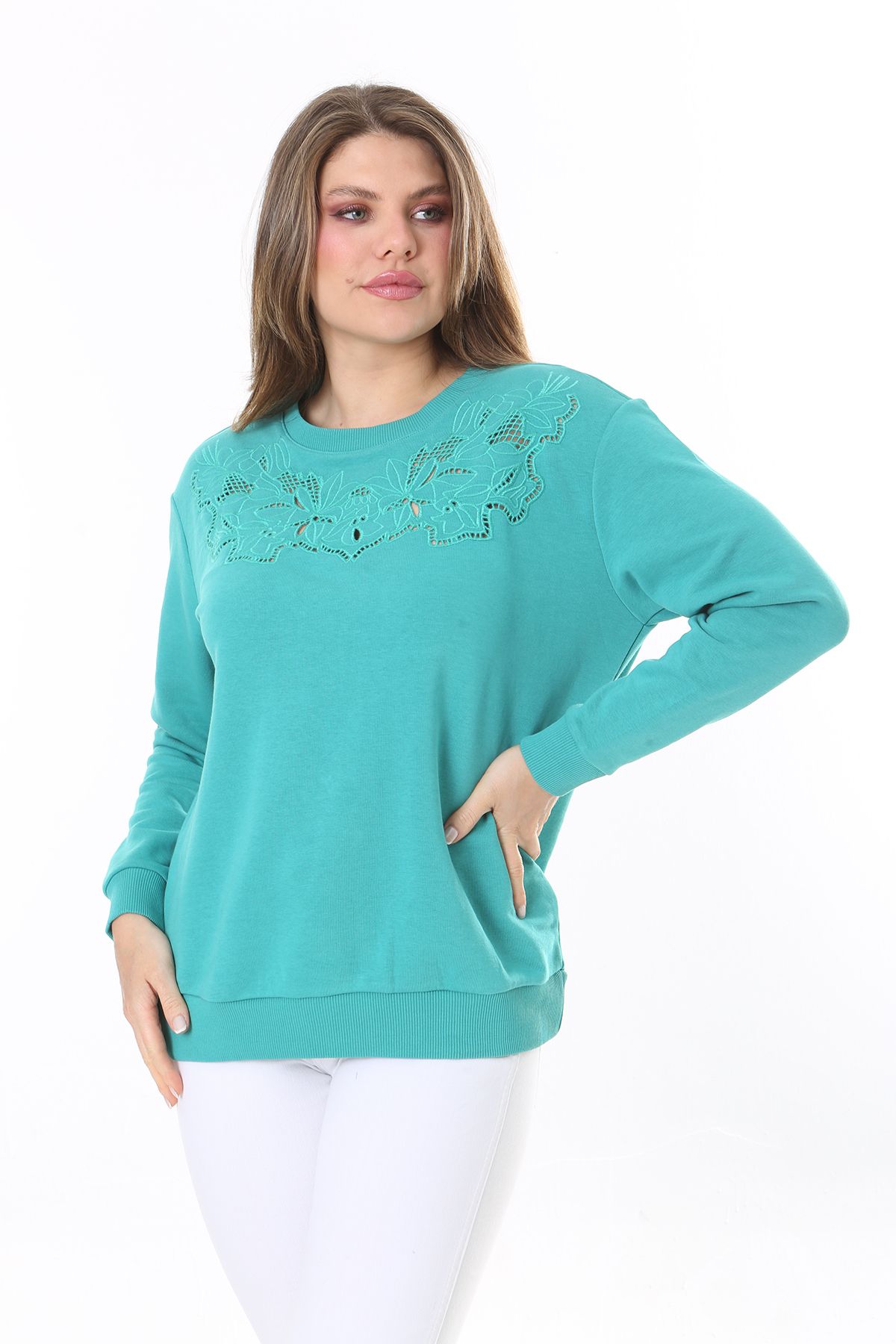 Şans Kadın Büyük Beden Yeşil Nakış Detaylı Sweatshirt 65N37797