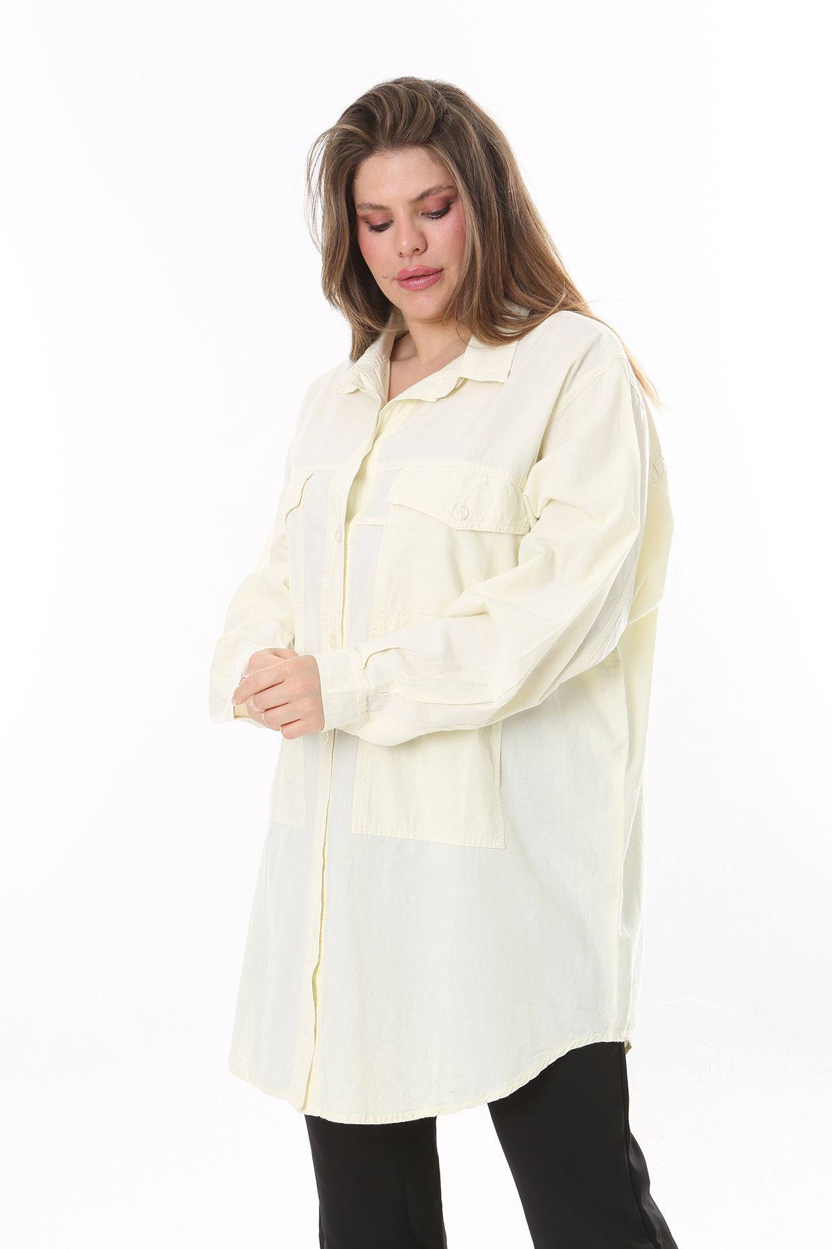 Şans Kadın Büyük Beden Sarı Ön Düğmeli Yıkama Efektli Gömlek Tunik 65N37799