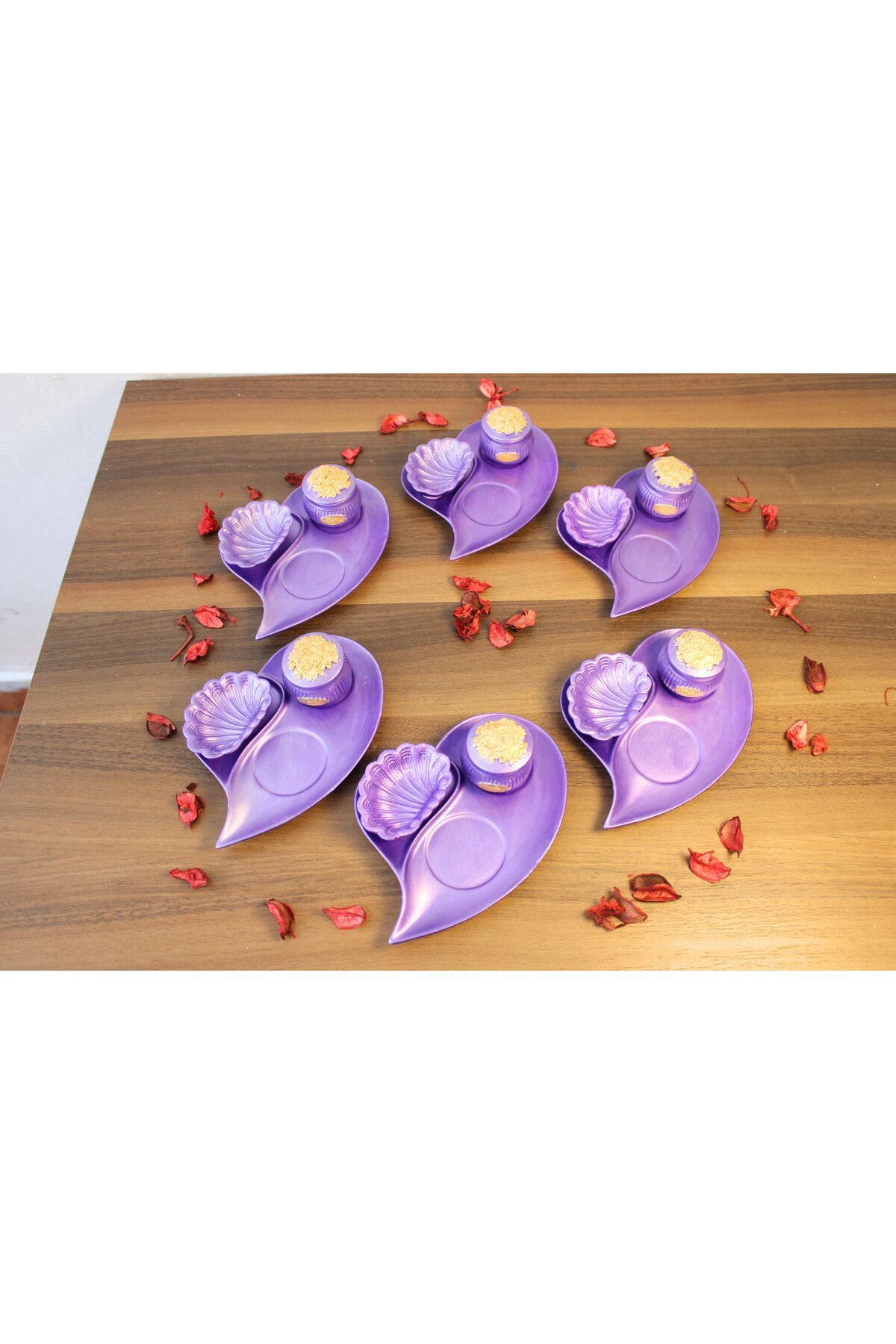 VİSARBOR 6'lı Kalp Tasarımlı Sunumluk/Midye ve Çiçek Kapaklı Drajelik/Lokumluk/Şekerlik/Sunumluk Set