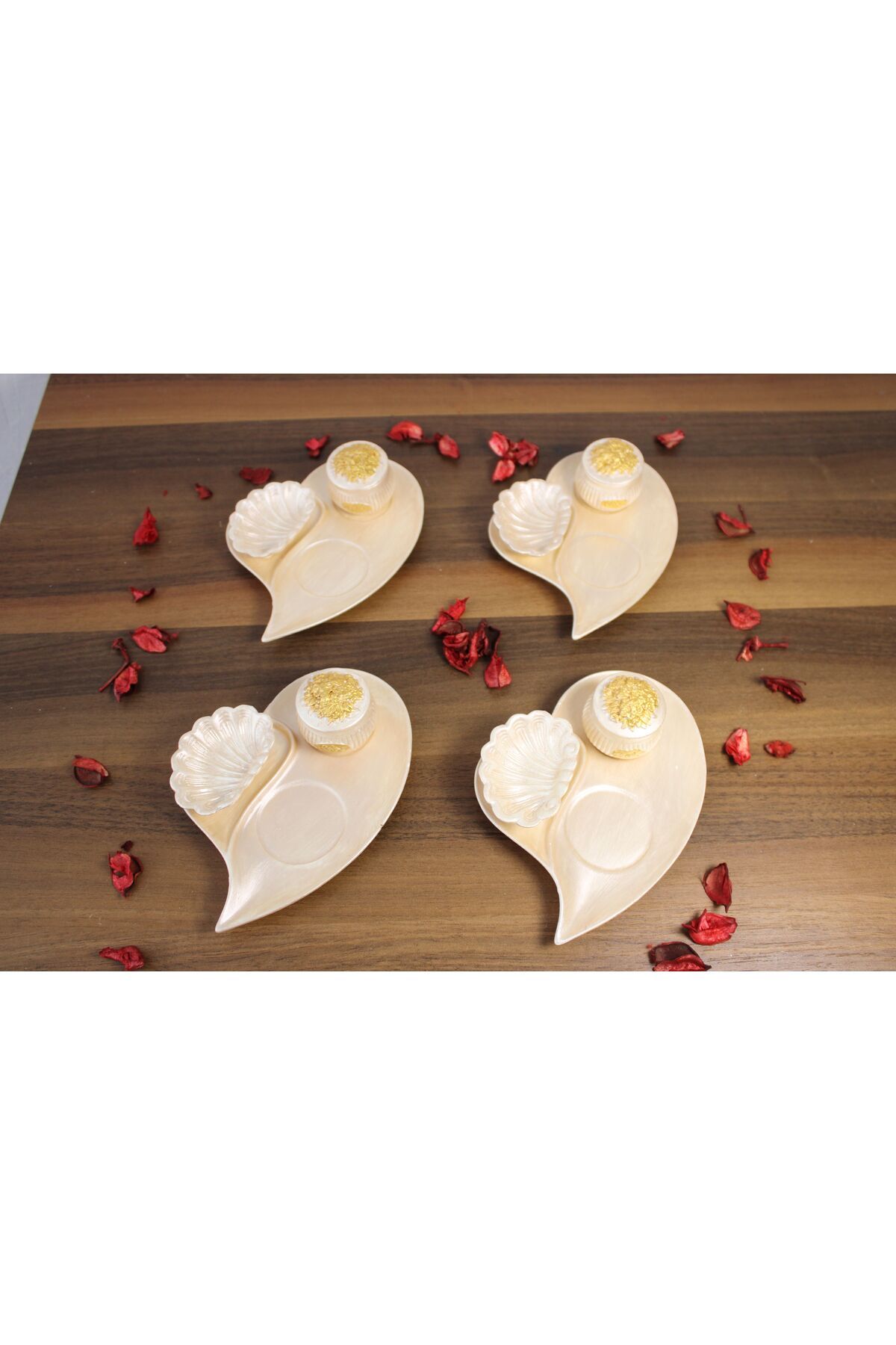 VİSARBOR 4'lü Kalp Tasarımlı Sunumluk/Midye ve Çiçek Kapaklı Drajelik/Şekerlik/Lokumluk Set