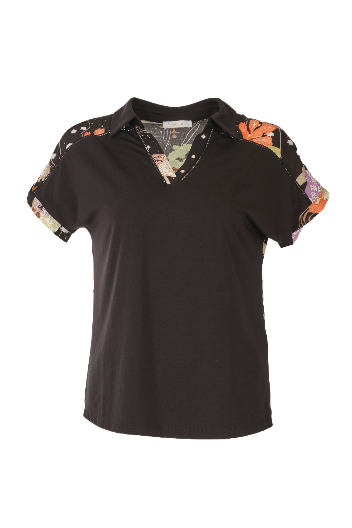 Vedi Polo Yaka Sırt Detaylı Kısa Kollu Siyah Kadın T-shirt 2243037