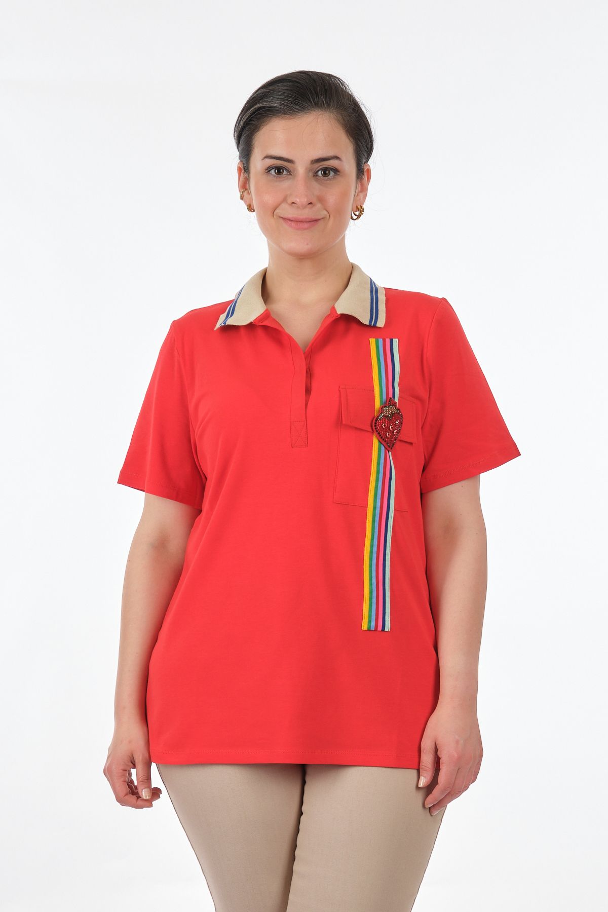 Vedi -bb Polo Yaka Büyük Beden Kırmızı Kadın T-shirt 2311093