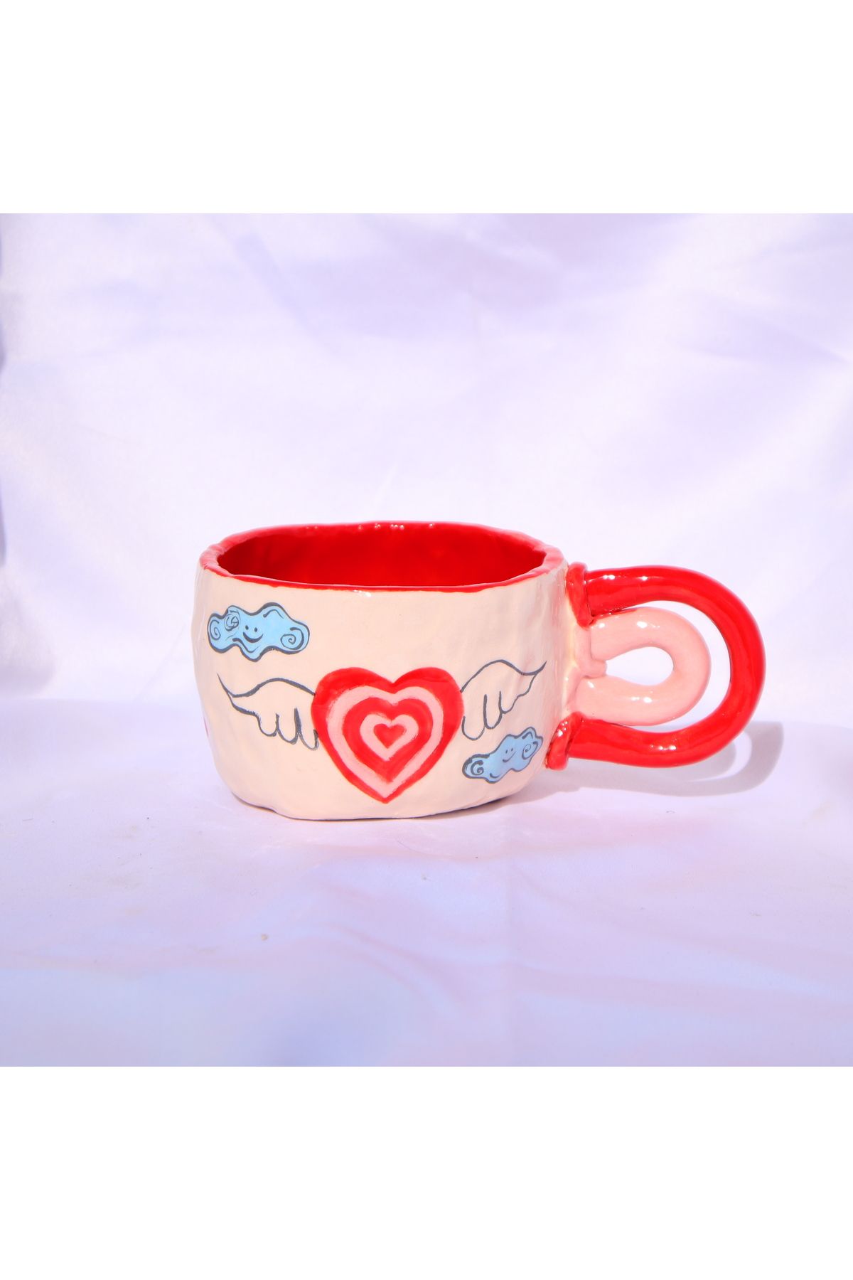 Lily & Loly Ceramics Kanatlı Kalp Desenli El Yapımı Seramik Kupa - Özel 200 ml Sevgililer Günü Hediyesi