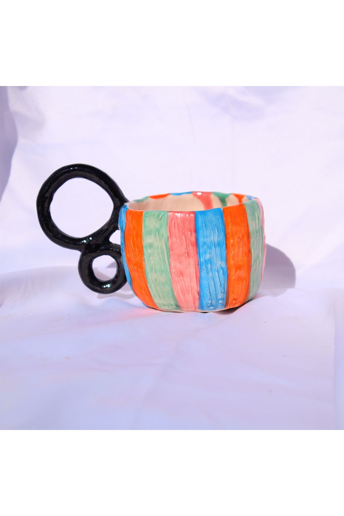Lily & Loly Ceramics Lily Serisi çizgili Xl Tekli Kupa-renkli Çizgili Siyah Kulplu El Yapımı Seramik Mug 200 ml