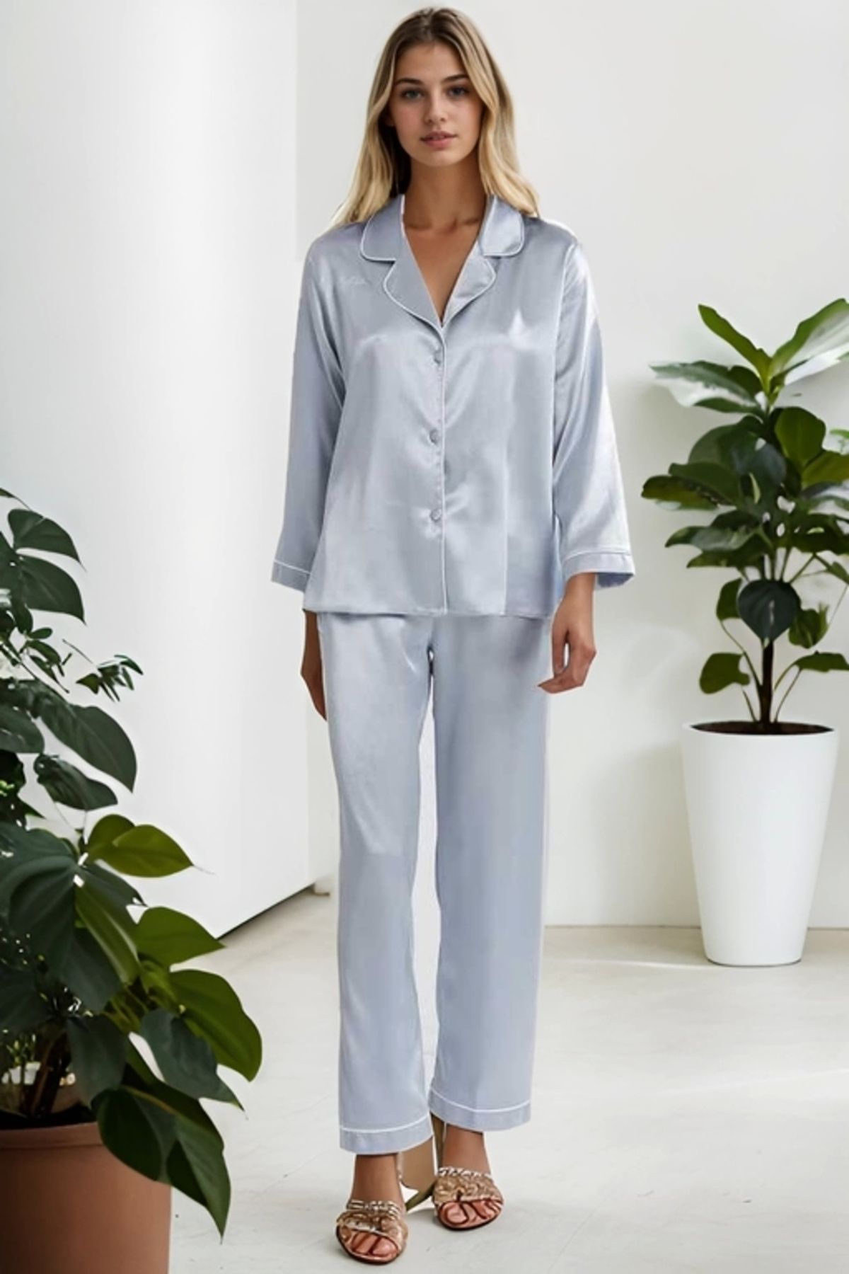Pierre Cardin Kadın Saten Biyeli Pijama Takımı -1200 Mist