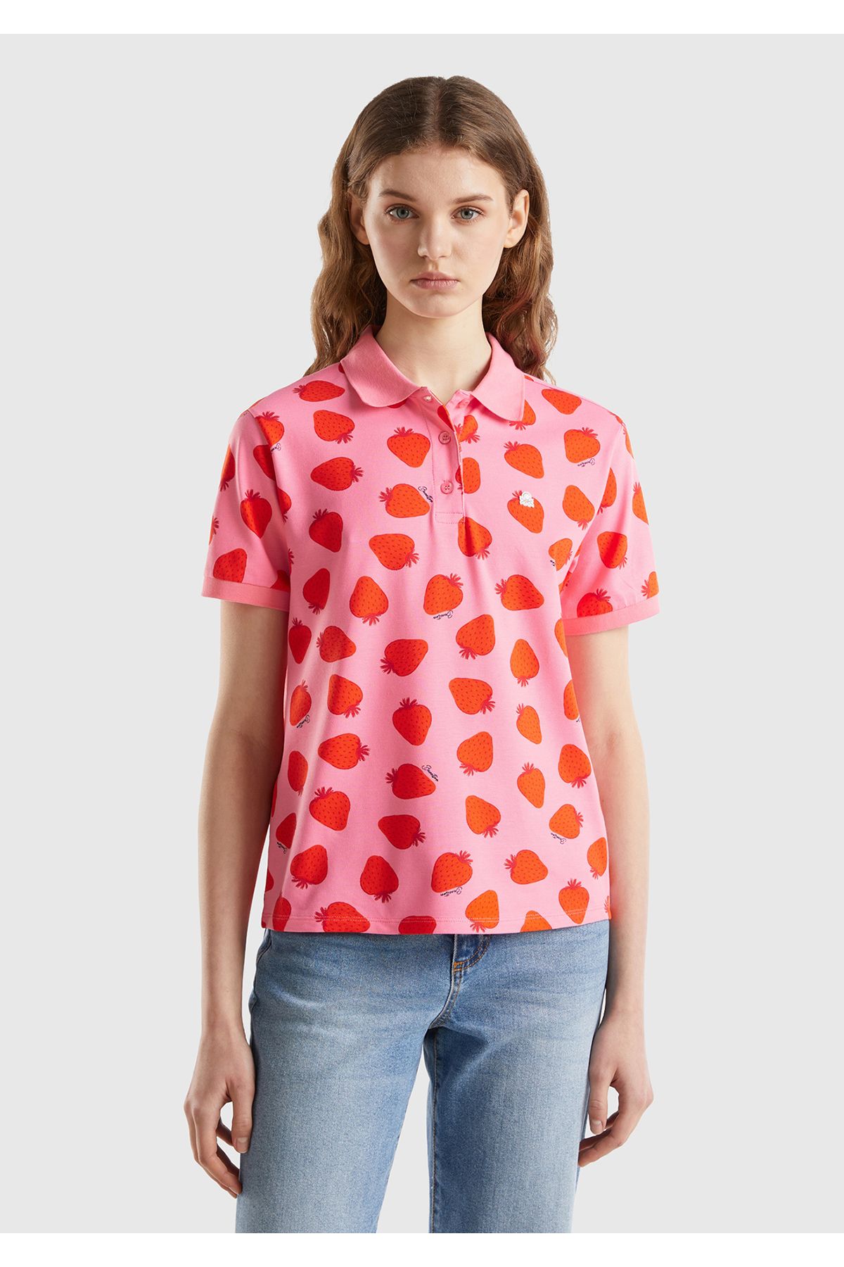 United Colors of Benetton Kadın Pembe-Kırmızı Streç Pamuklu Göğsü Logo İşlemeli Tamamı Desenli Polo T-Shirt
