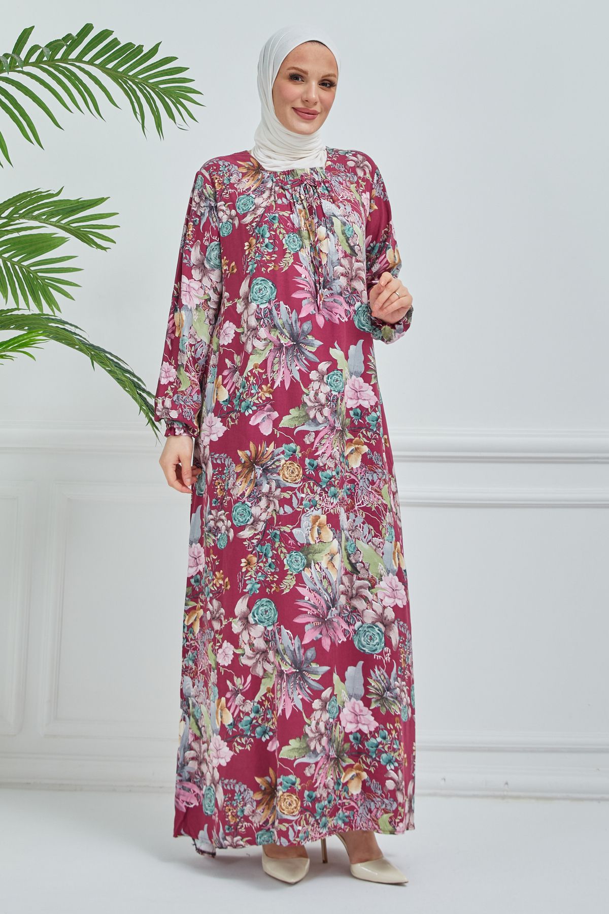 Genel Markalar Liza Desen Bağcıklı Oversize Viskon Elbise