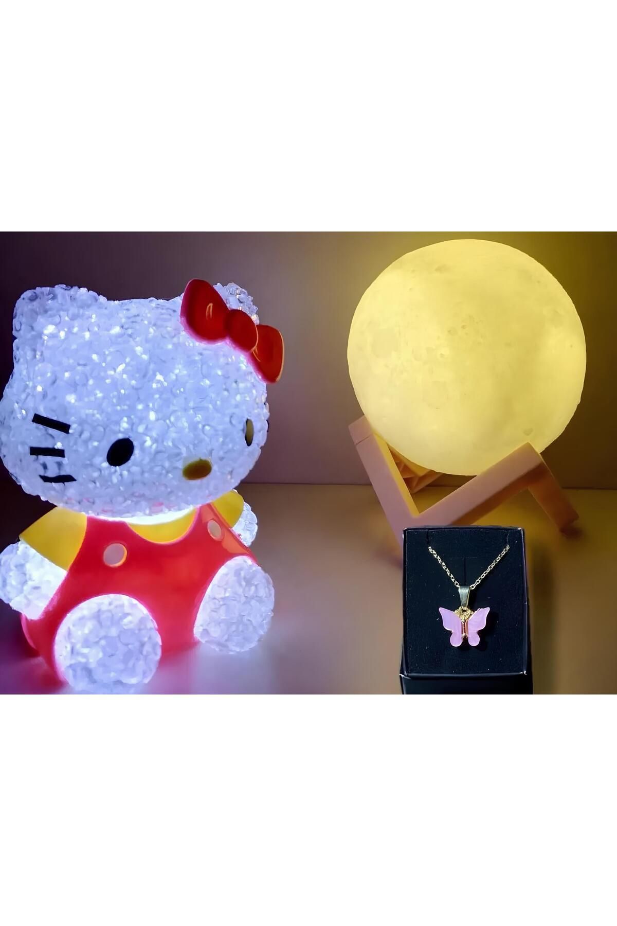 Işık kasabası 3'lü set- Kelebek kolye - hello kitty - 3D LED küre gece lambası bujiteri hediye sepeti