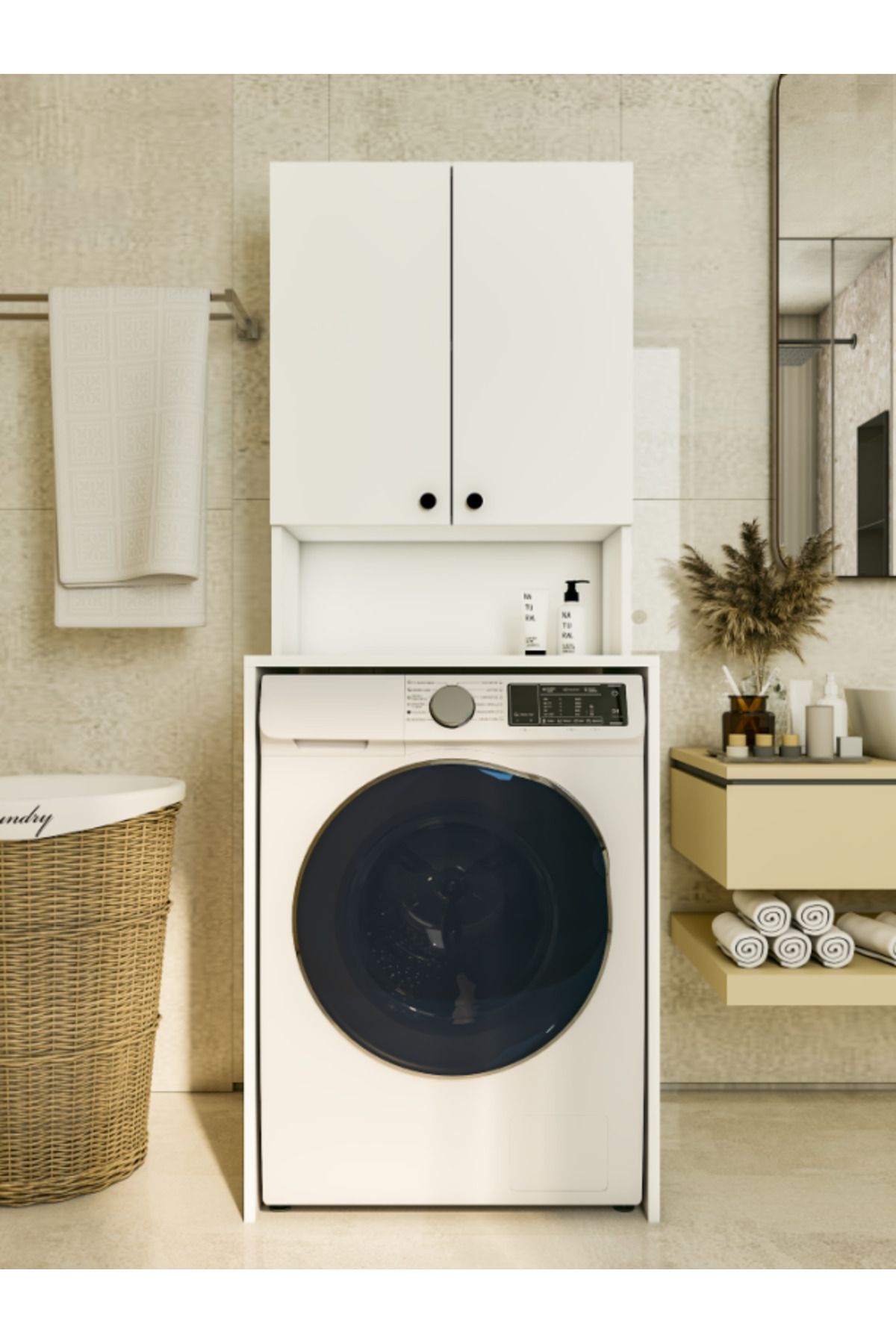 MONTENERO Çamaşır Makinesi Üstü Düzenleyici Parlak Beyaz Banyo Dolabı
