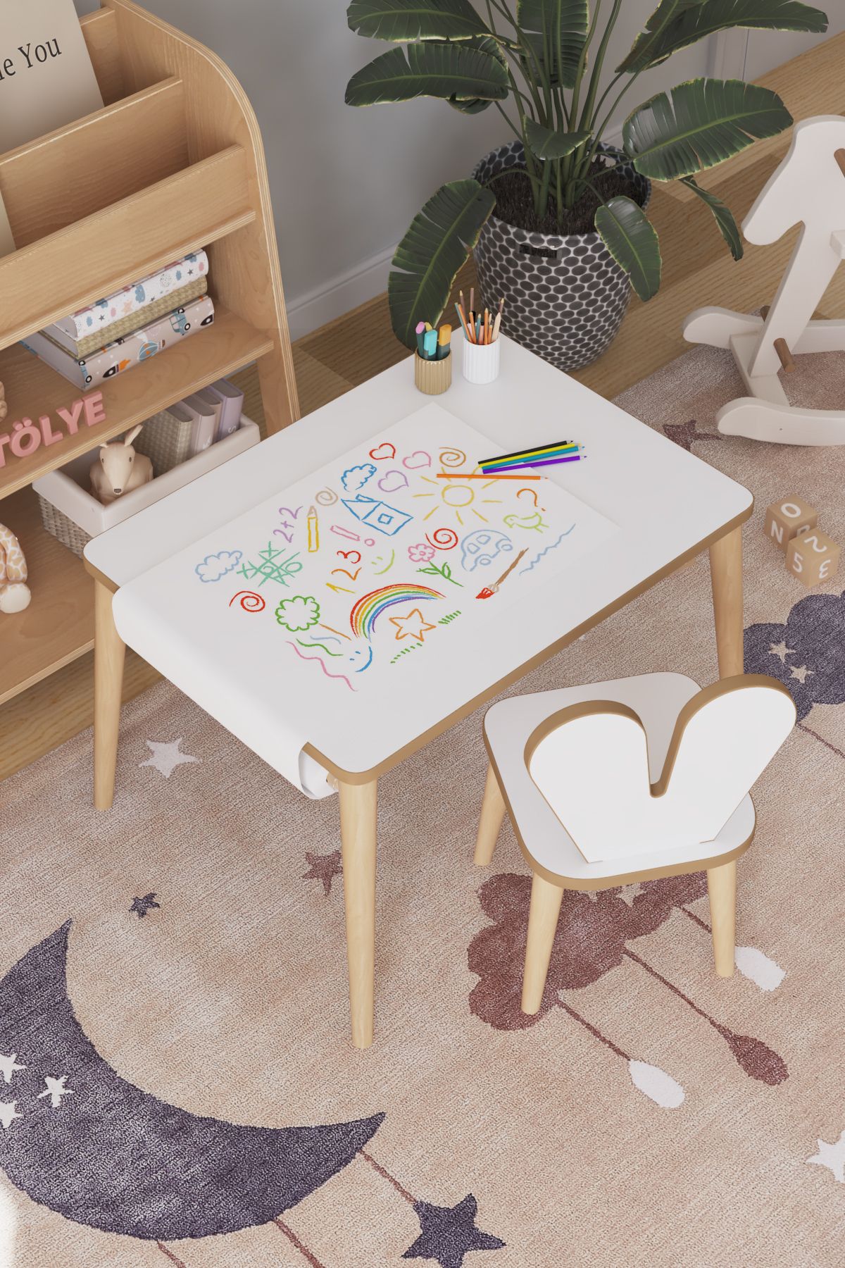 OBİ Atölye Çocuk Oyun Aktivite Masası 60x45 Cm - Kağıt Rulo Set - Montessori Sandalye Çalışma Masası