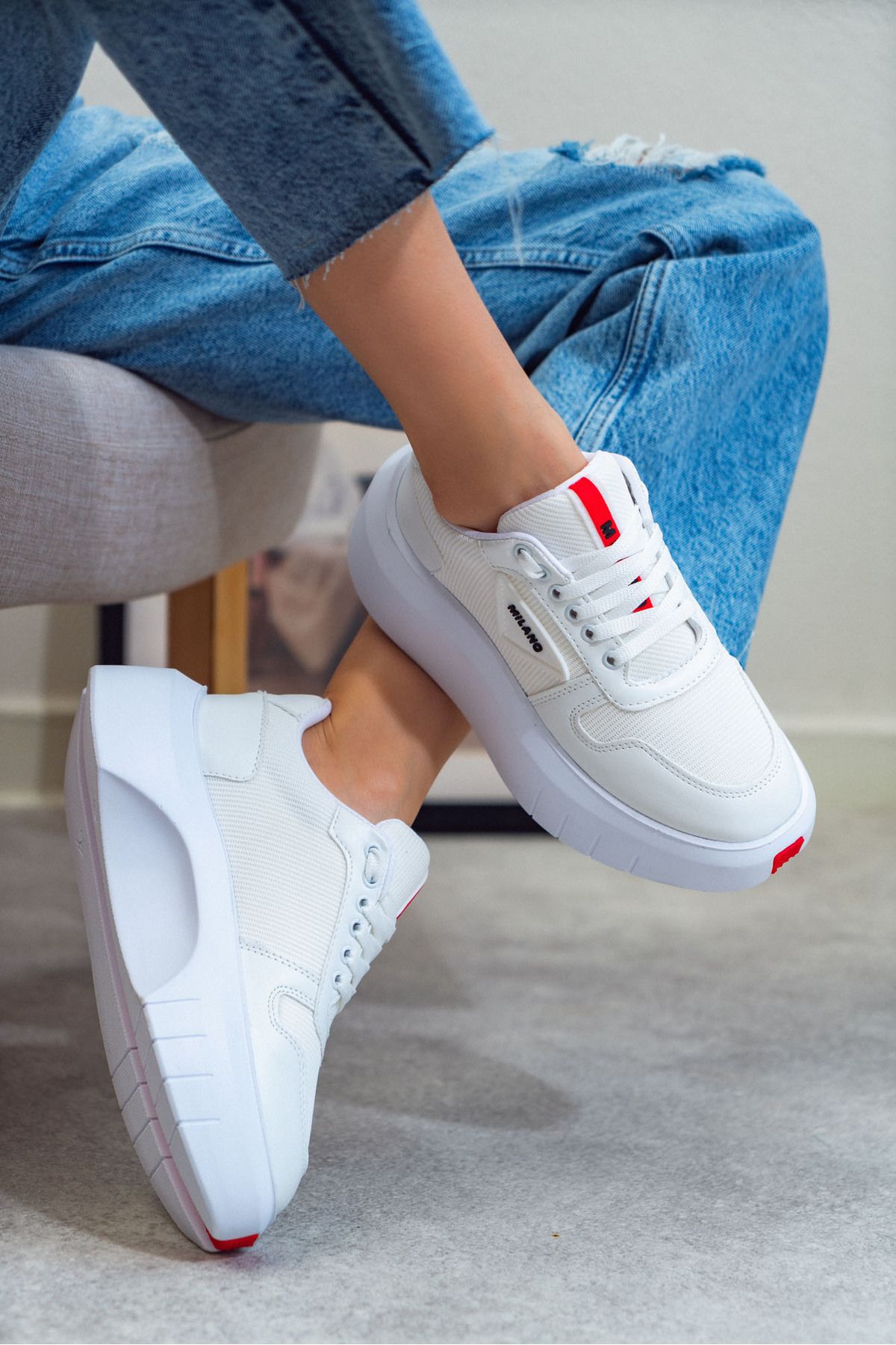 NİŞANTAŞI SHOES Heddy Beyaz Triko Kalın Taban Kadın Bağcıklı Spor Ayakkabı