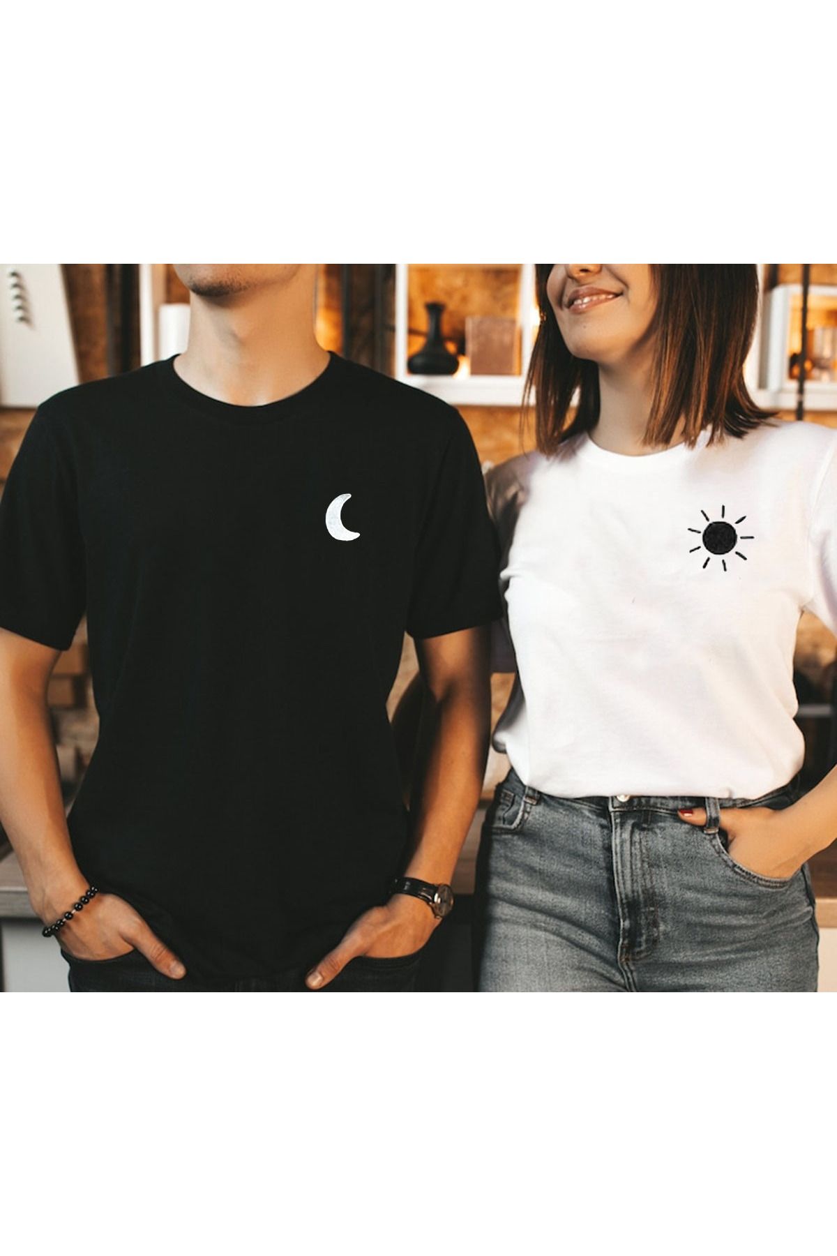LEIVOR Ay & Güneş Tasarım Sevgili Çift Kombini Tshirt 2'li Takım