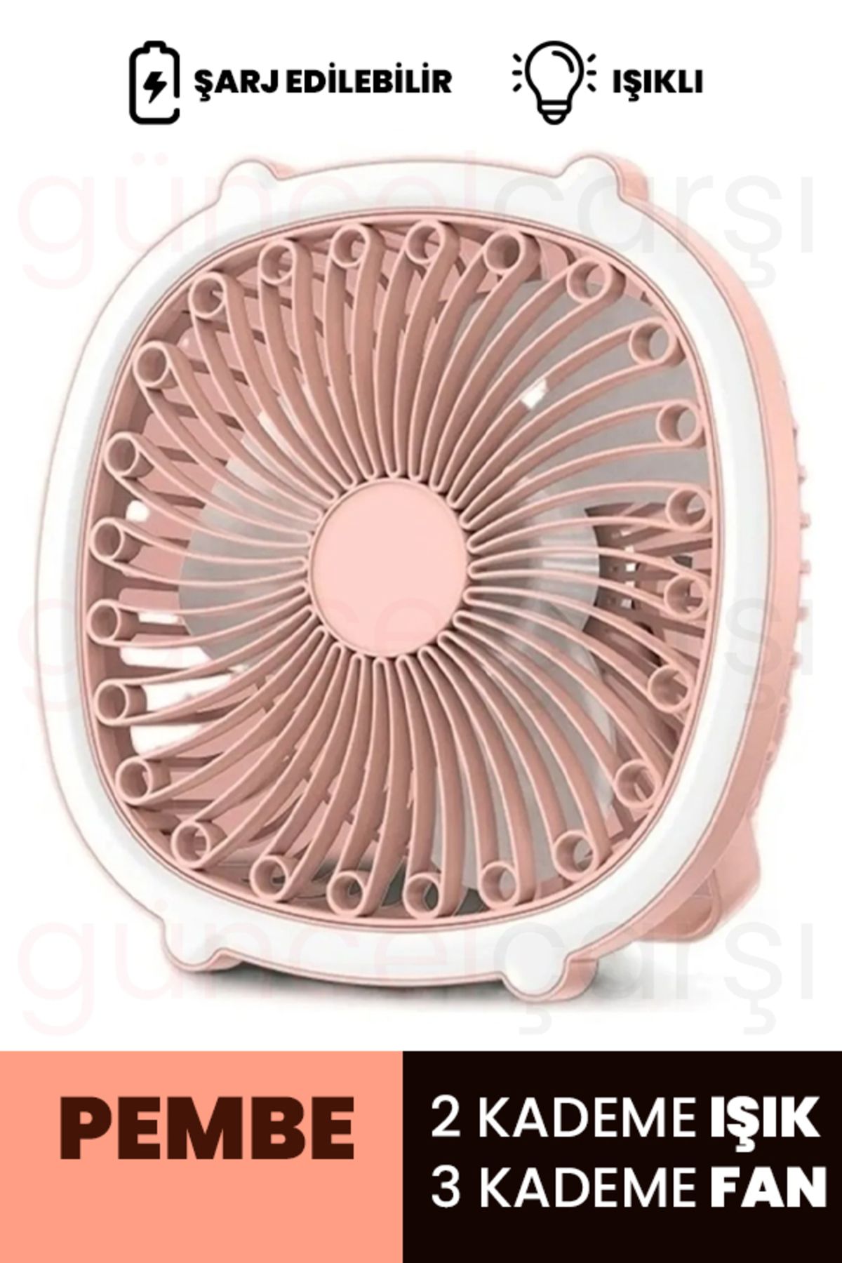 GüncelÇarşı Işıklı Masaüstü Şarjlı Usb Fan, Sessiz Vantilatör, 3 Kademe Fan Hızı, 2 Kademe Işık Gücü, Asılabilir