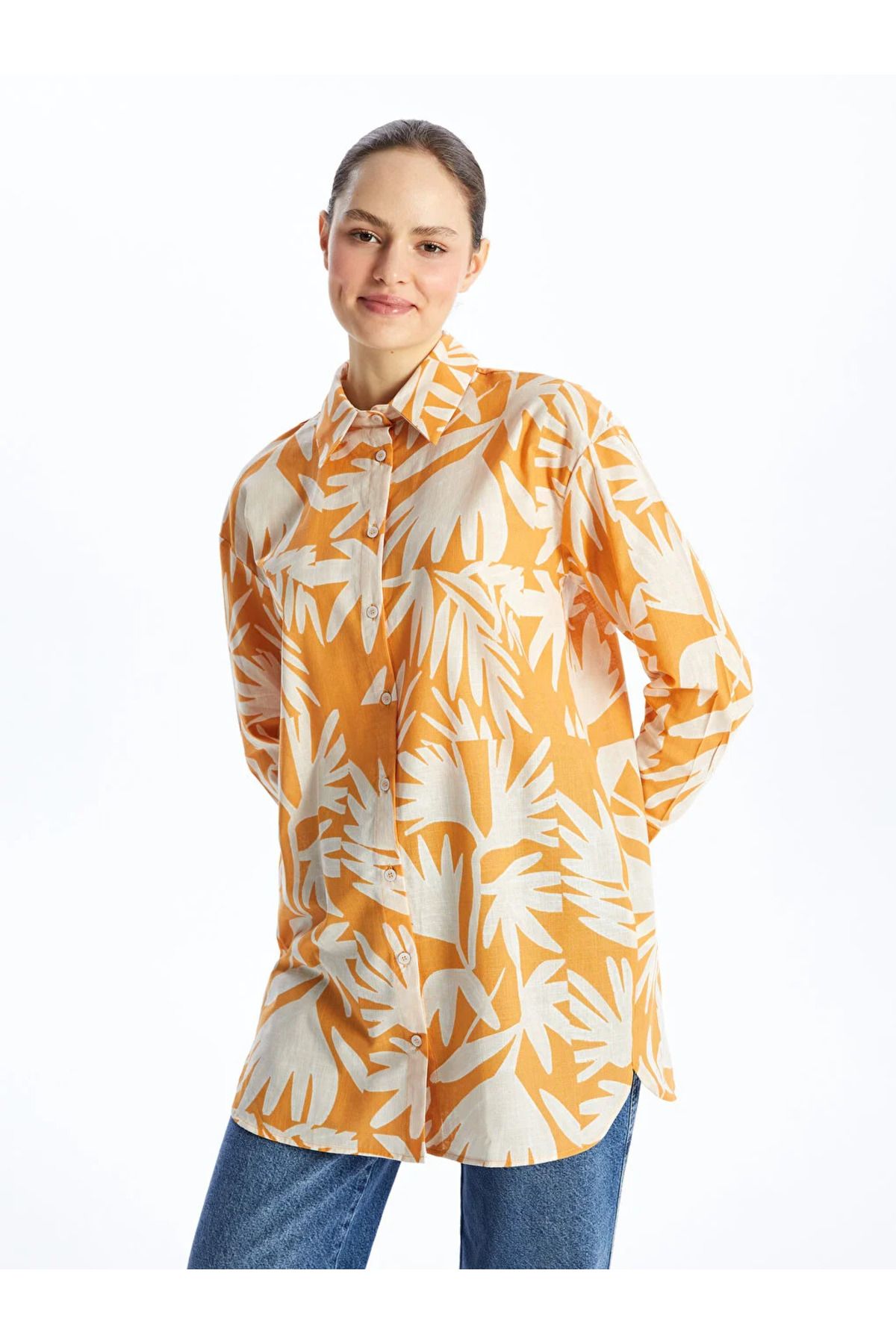 LC Waikiki LCW Modest Desenli Uzun Kollu Oversize Kadın Gömlek Tunik
