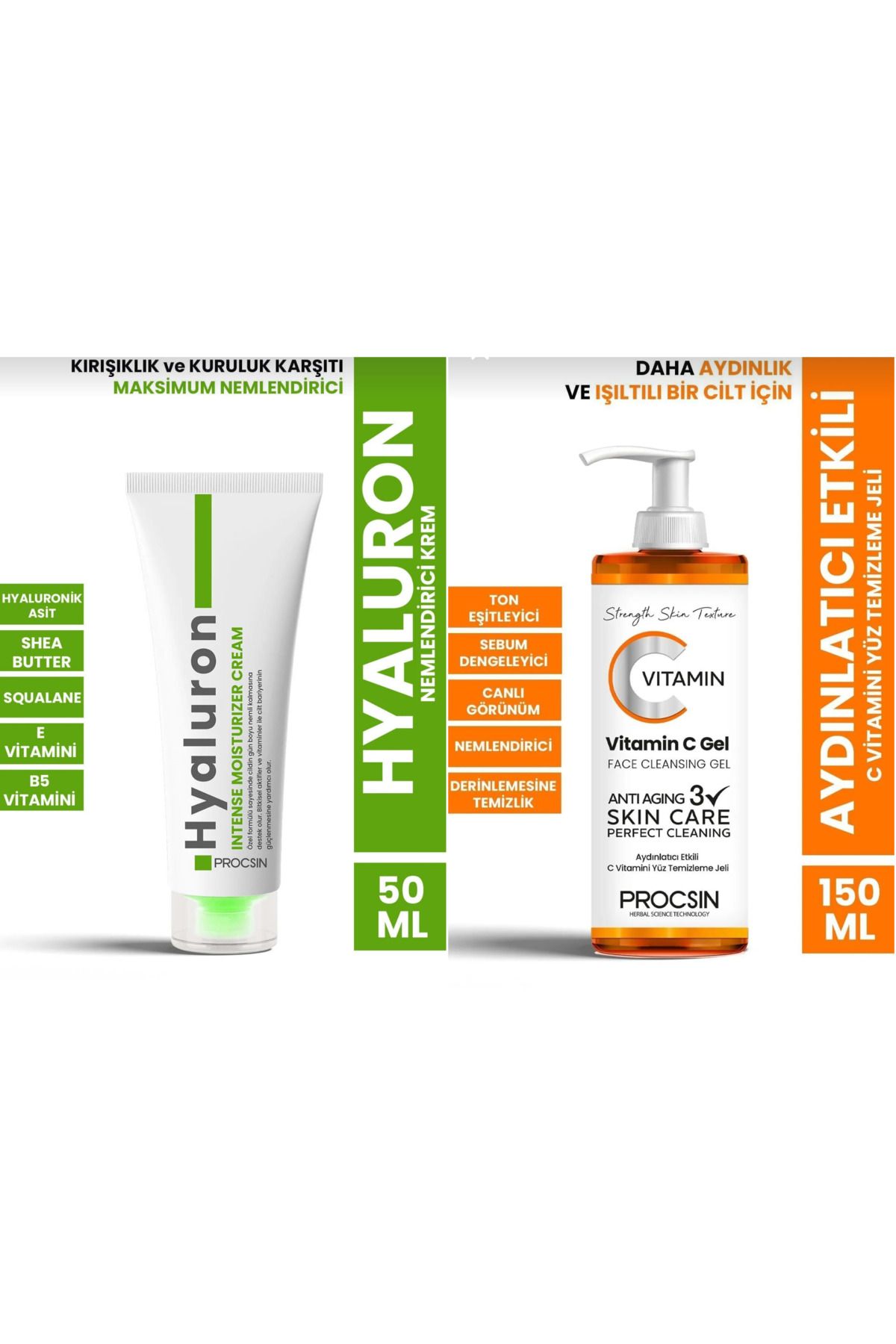 PROCSIN Aydınlatıcı Etkili C Vitamini Yüz Temizleme Jeli 150 ML+ Hyaluron Nemlendirici Krem 50 ML