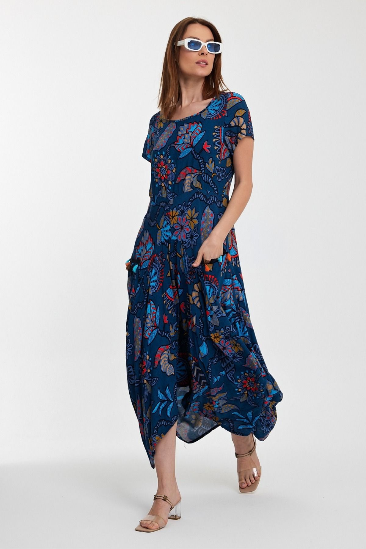 NUR TEKSTİL kadın  mavi desenli  %100 Pamuk viskon  kısa kol etnik-otantik şalvar elbise