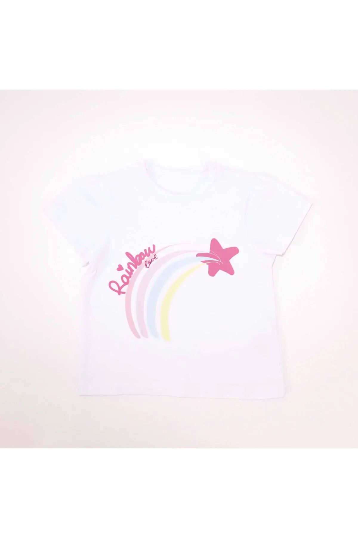 Bubuga Kız Çocuk %100 Pamuk Beyaz Renk Rainbow Baskılı Kısa Kol Tshirt