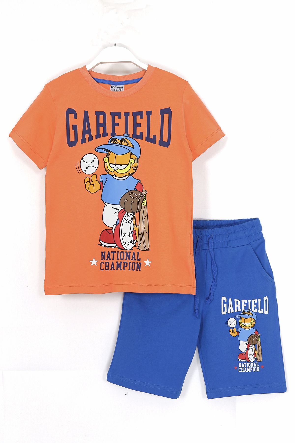 DobaKids Garfield Baskılı Erkek Çocuk Yazlık Kapri Tişört Takım 8-15 Yaş Turuncu Mavi