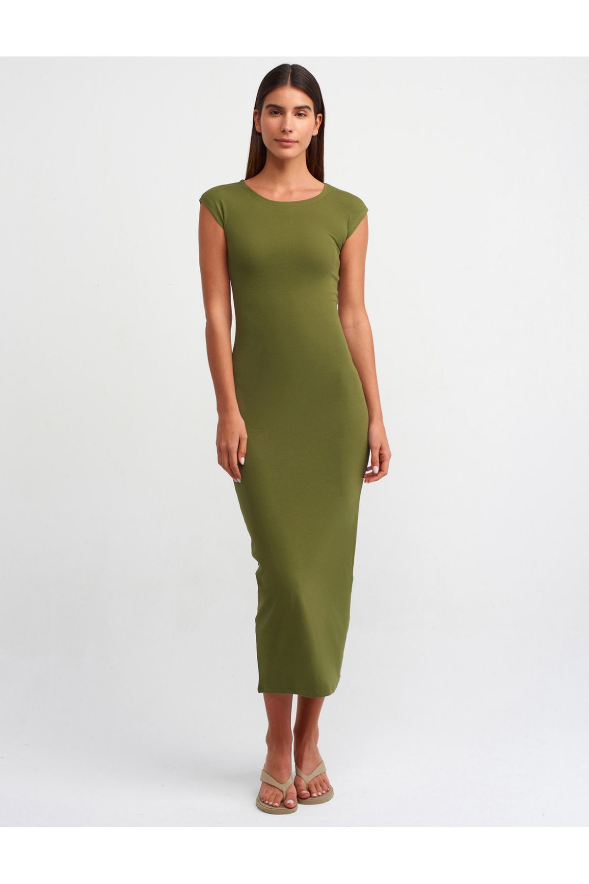 Dilvin Vücuda Oturan Premium Elbise Haki Yeşil