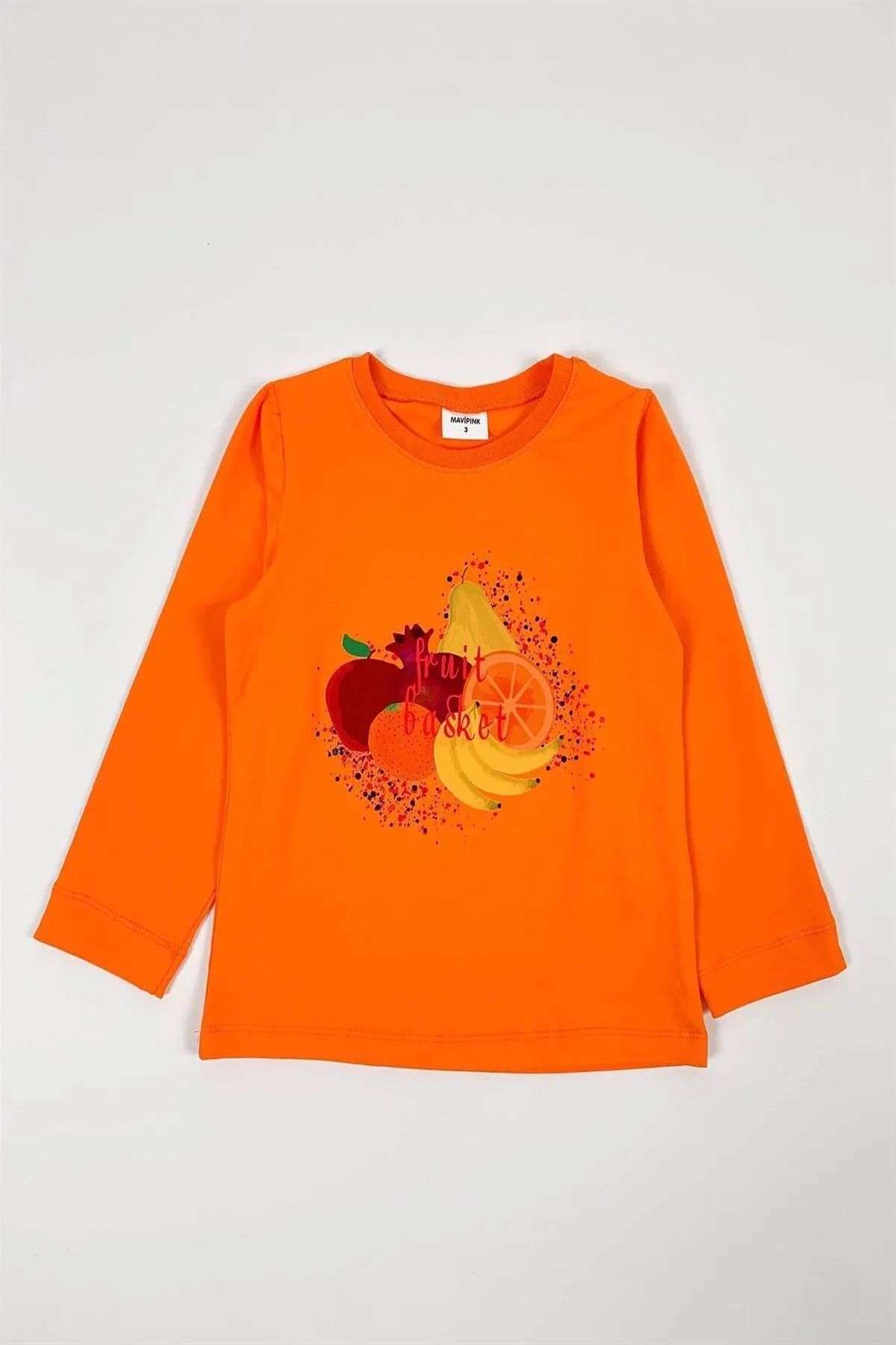 Bubuga Kız Çocuk %100 Pamuk Turuncu Renk Fruit Baskılı Uzun Kol Tshirt