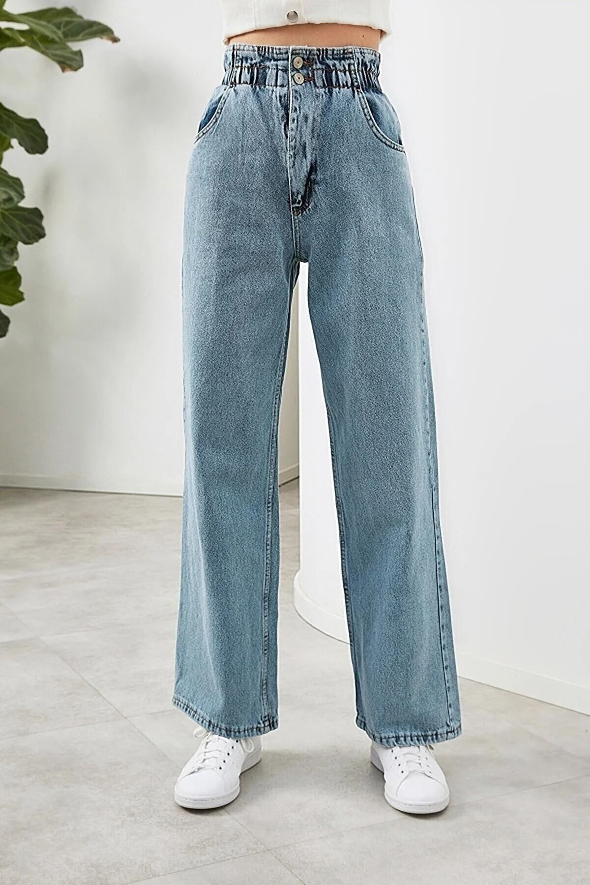 LAMİRA Buz Kar Beli Lastikli Likralı Yüksek Bel Salaş Bol Paça Kot Pantolon Wide Leg Jean