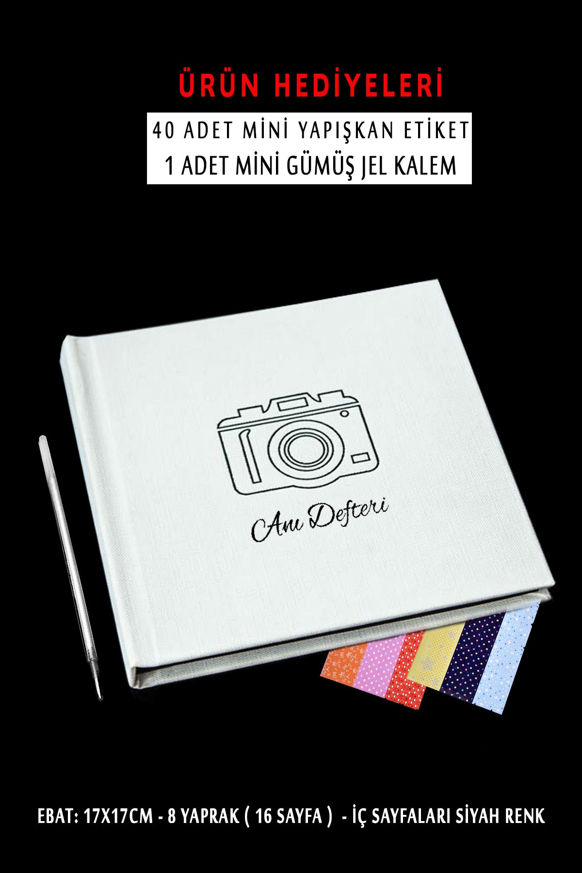 yhfoto Beyaz Anı Defteri - Kalemli Anı Albümü - Sticker ve Kalem hediye - İçi siyah albüm
